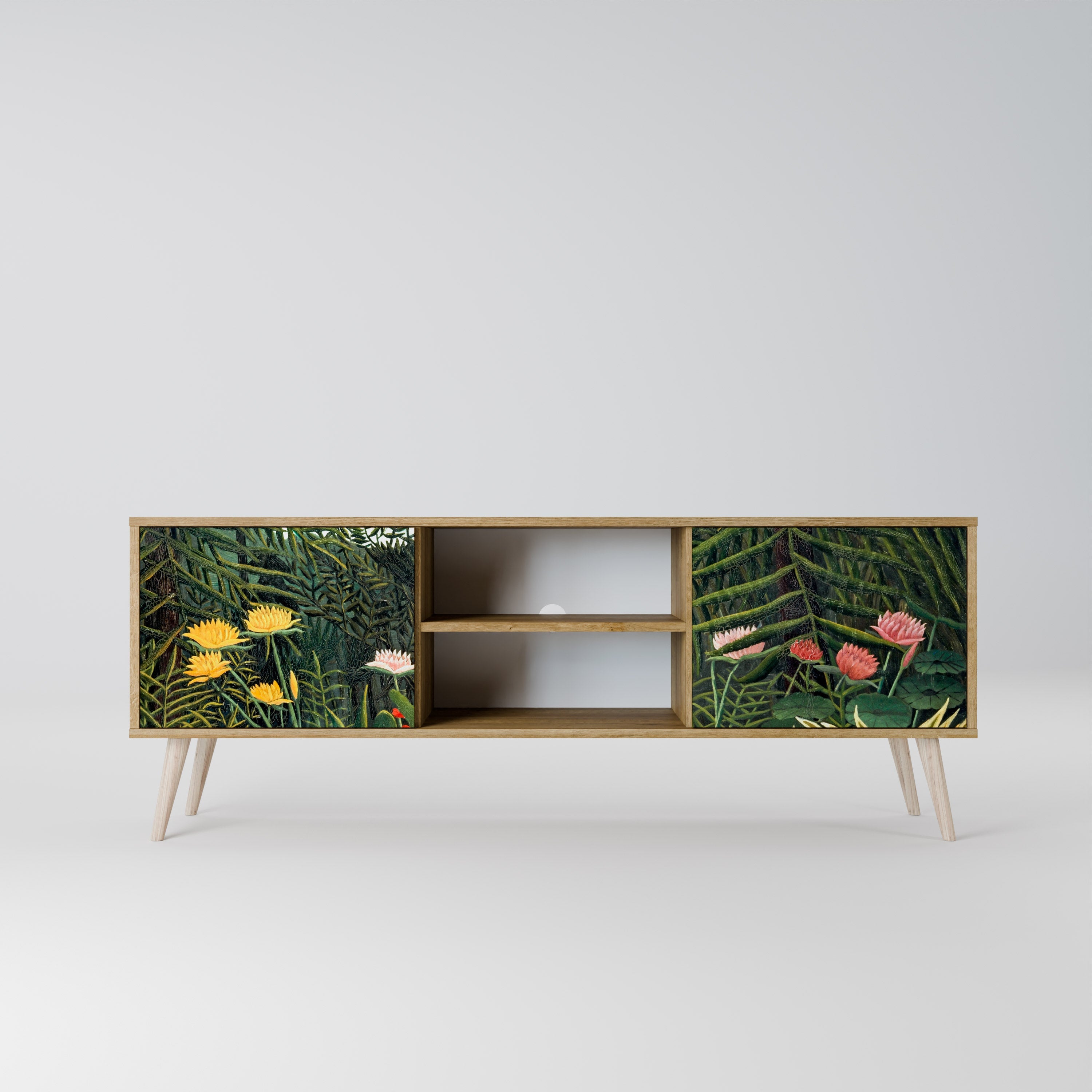 Meuble TV 2 portes FORÊT VIERGE AVEC COUCHER DE SOLEIL effet chêne