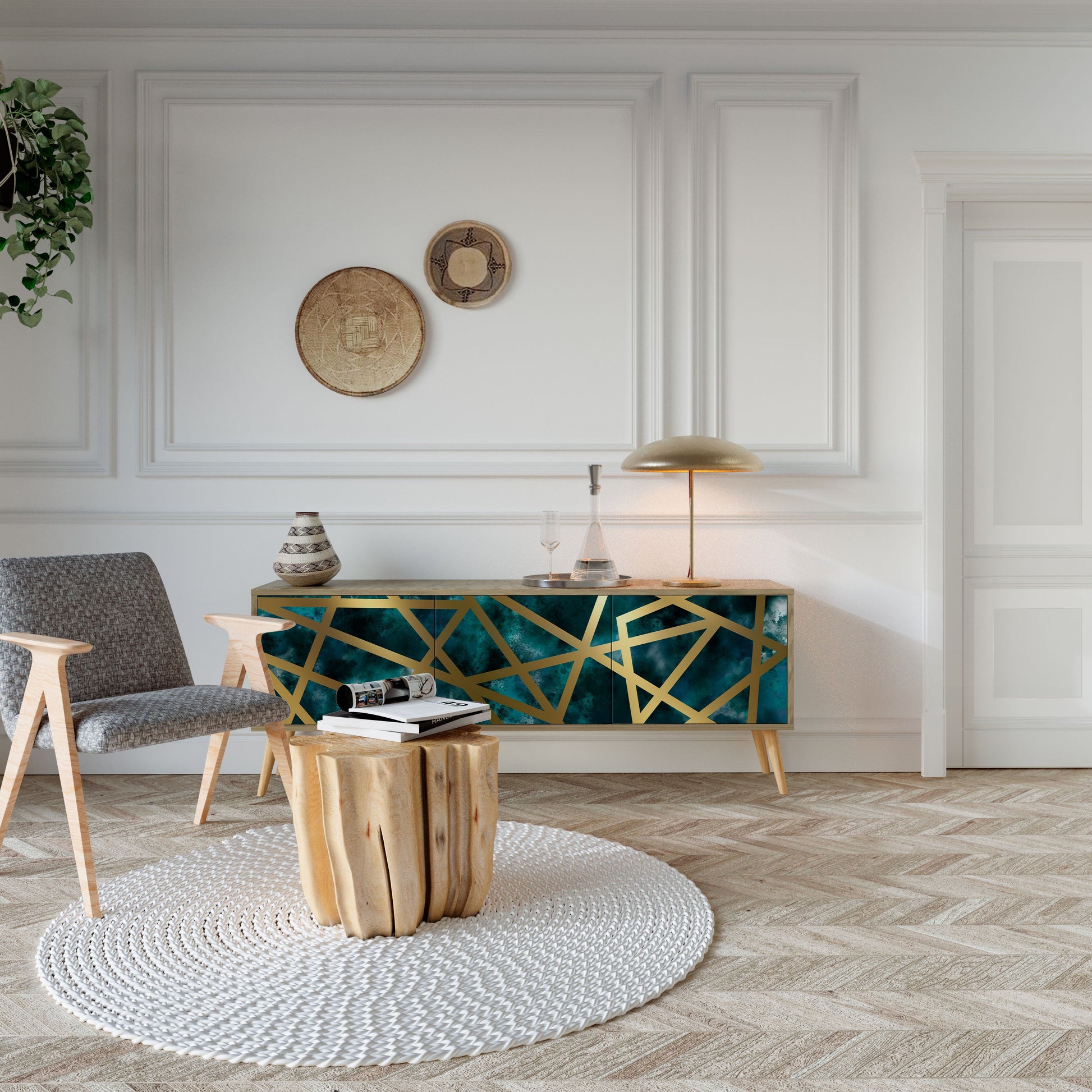 LE LABYRINTHE D'OR Meuble TV 3 portes effet chêne
