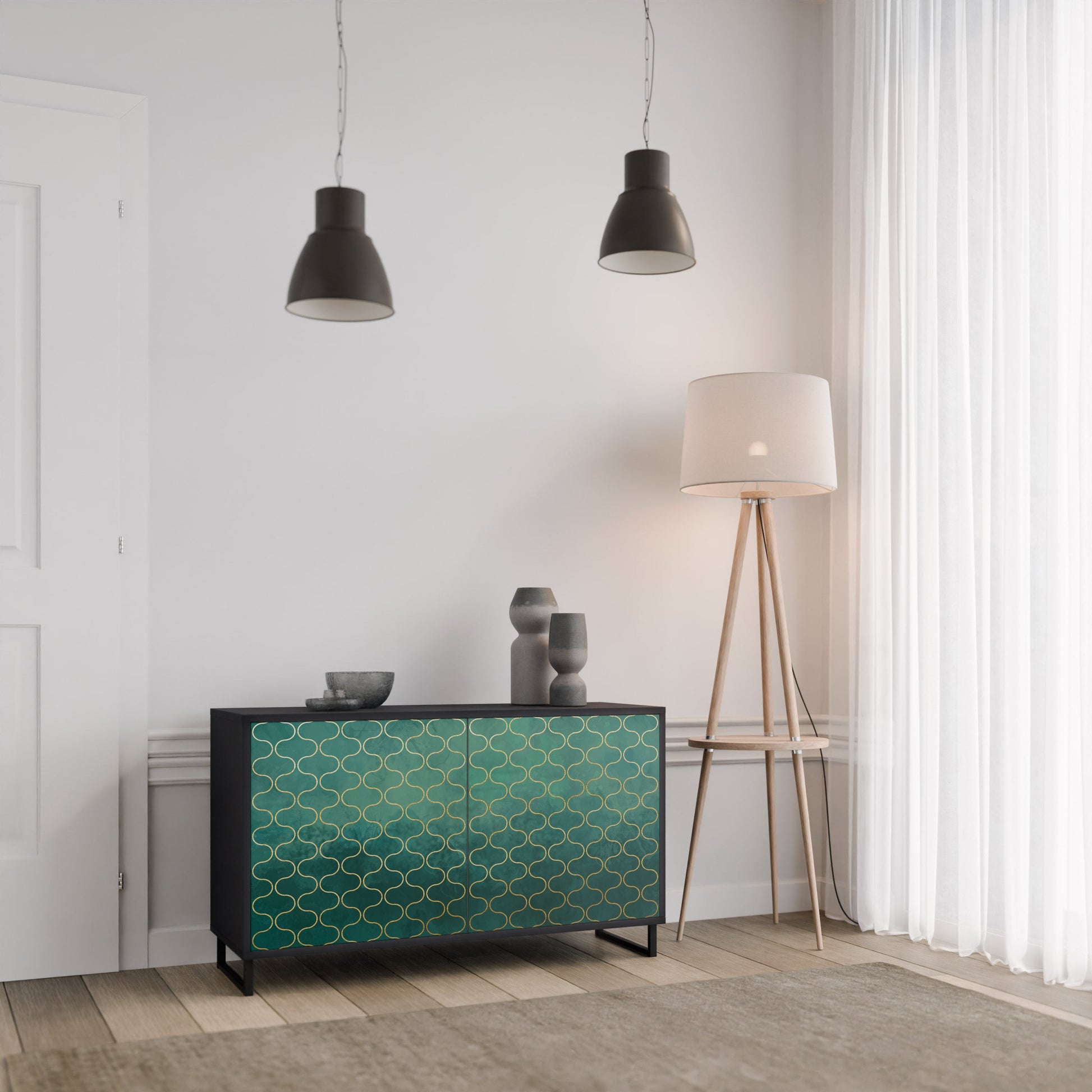 Buffet 2 portes TESSELATED GREENERY, finition noire