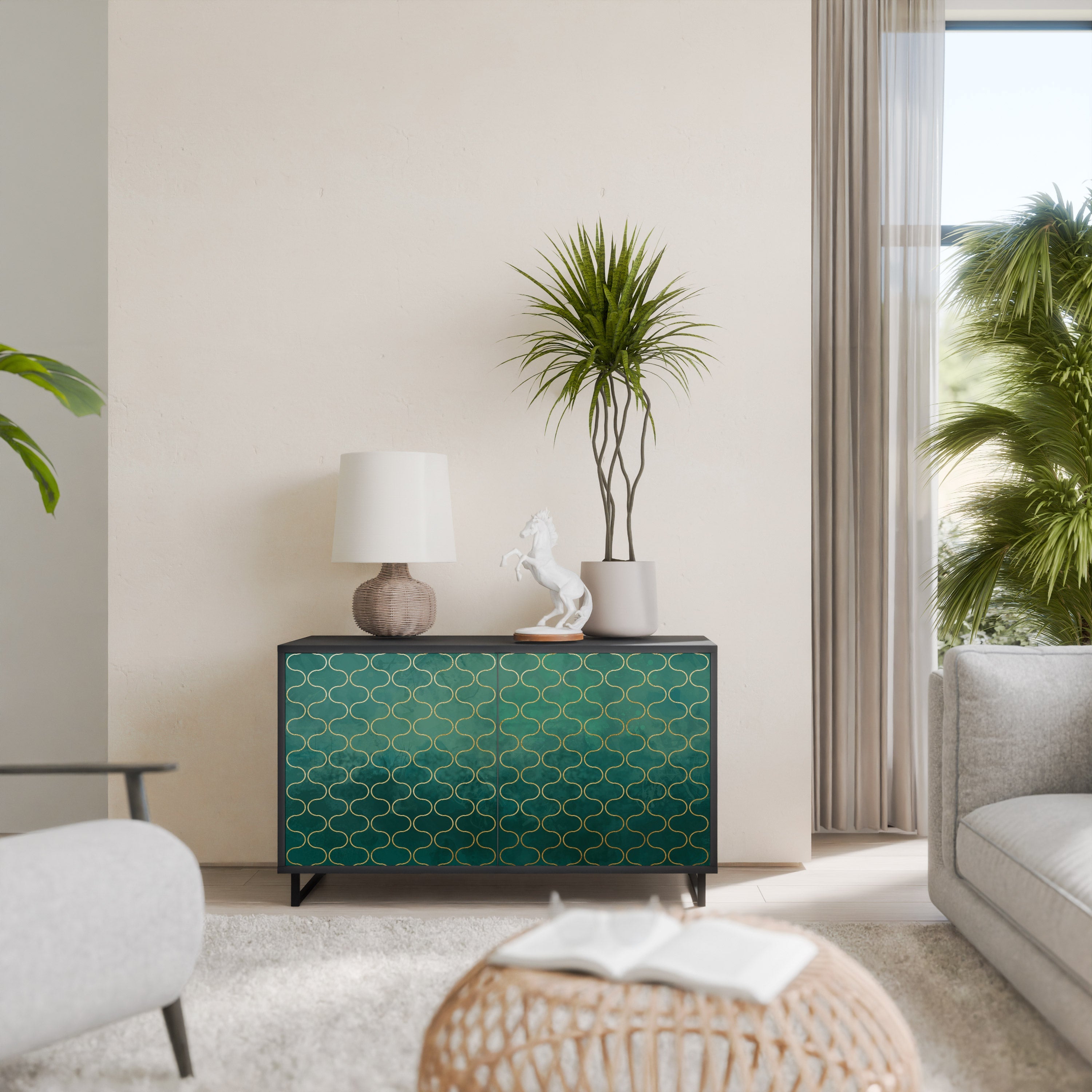 TESSELATED GREENERY 2-Door Sideboard in Black Finish