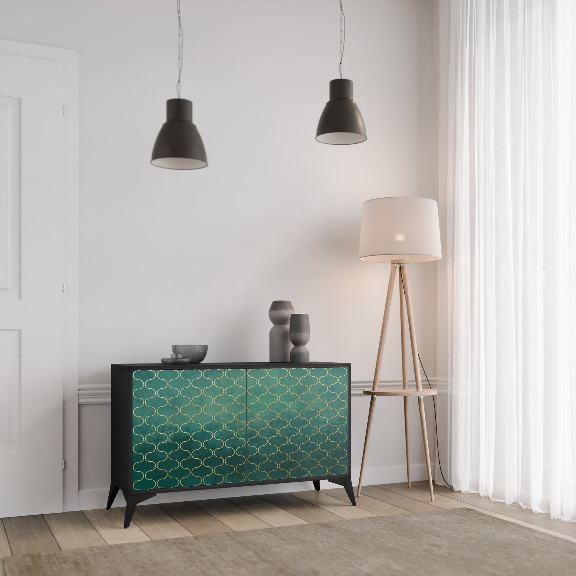 Buffet 2 portes TESSELATED GREENERY, finition noire