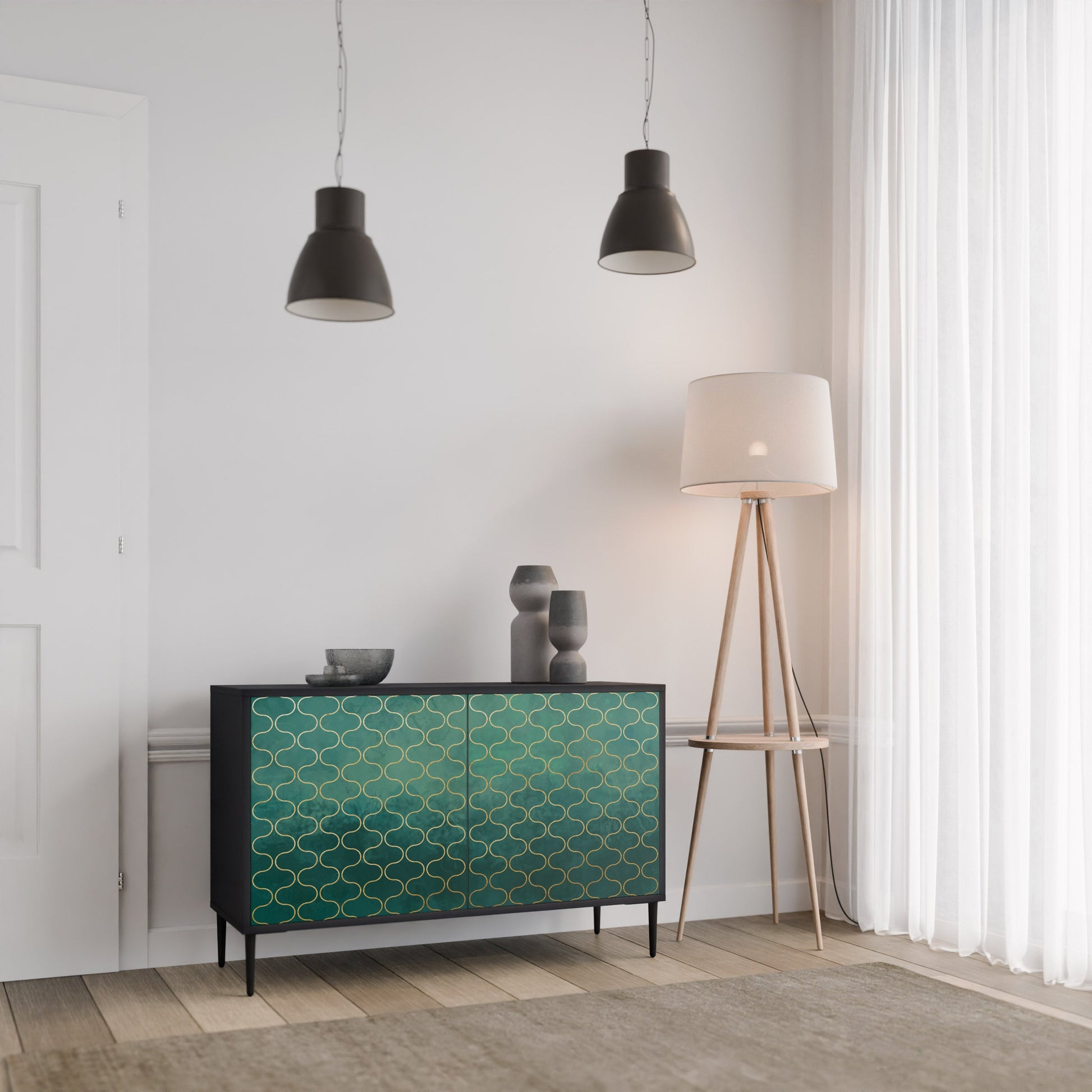 Buffet 2 portes TESSELATED GREENERY, finition noire