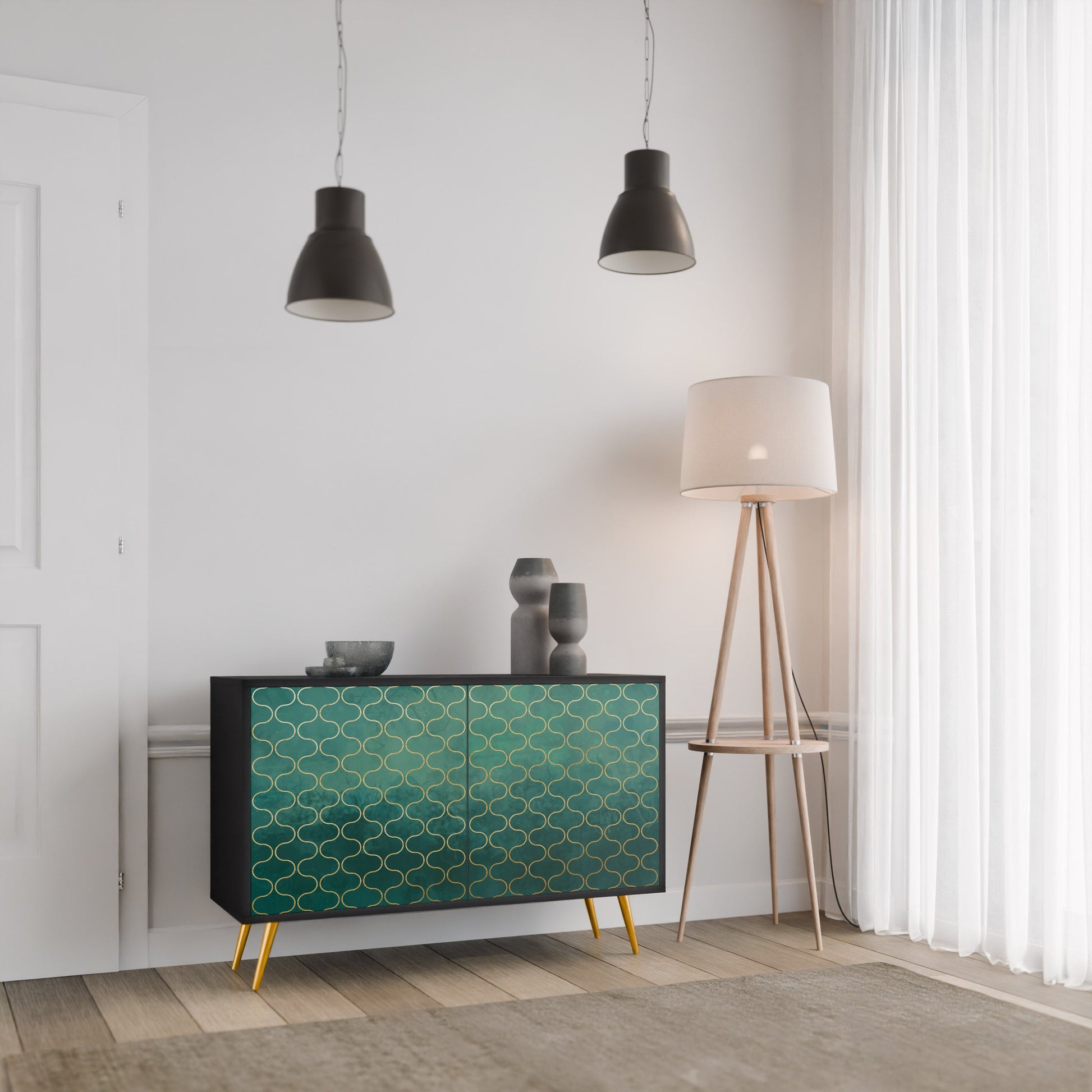 Buffet 2 portes TESSELATED GREENERY, finition noire