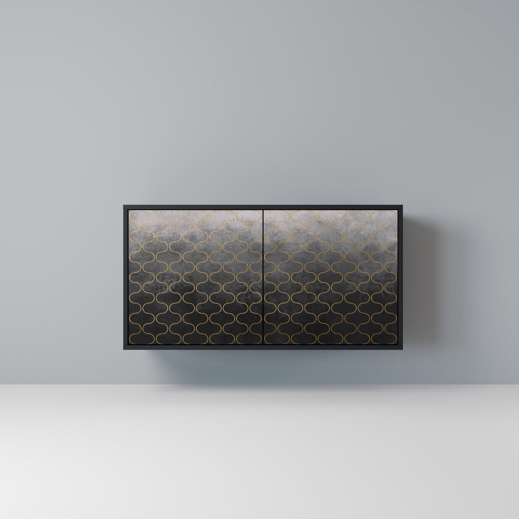 Buffet 2 portes à motif mosaïque grisâtre, finition noire