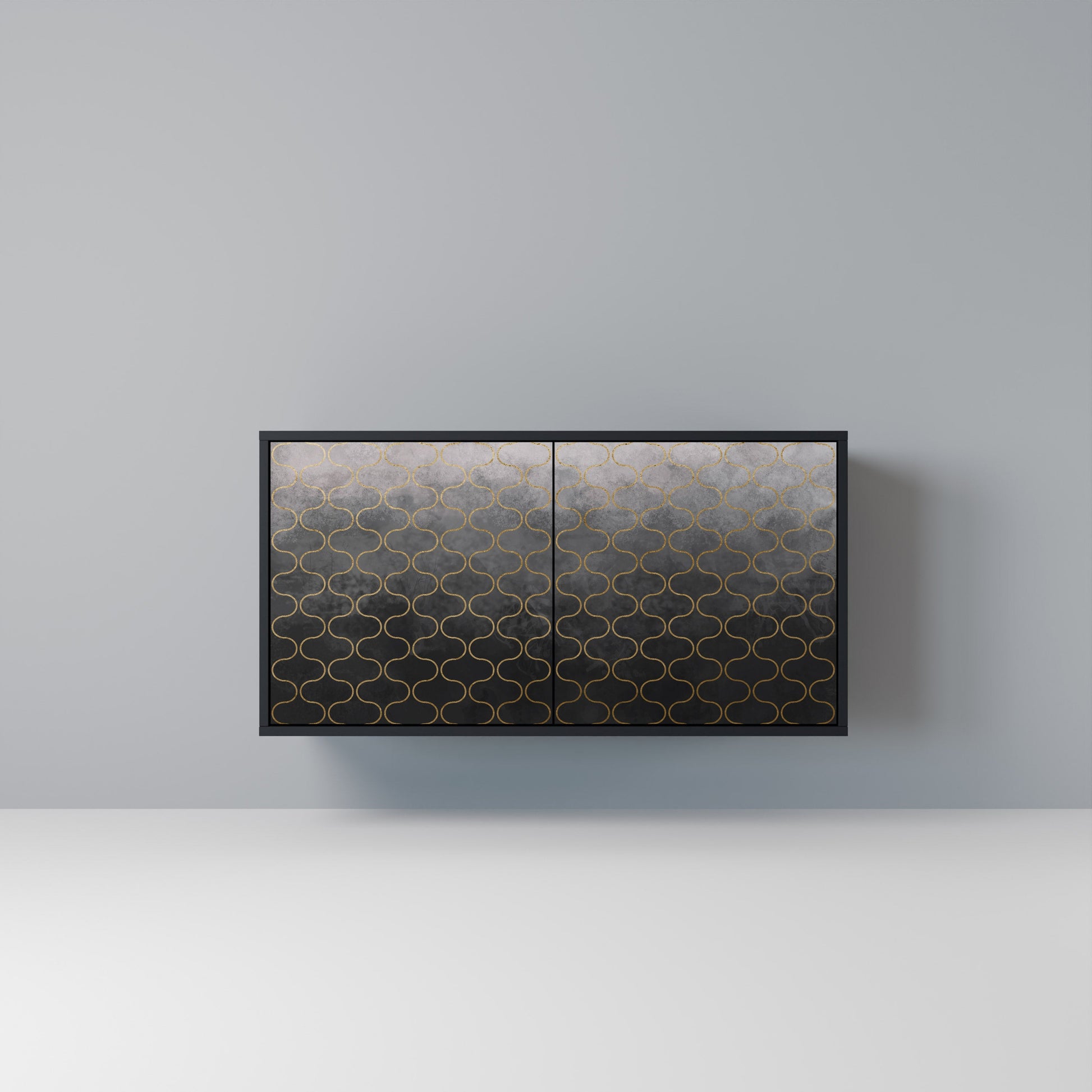 Buffet 2 portes à motif mosaïque grisâtre, finition noire