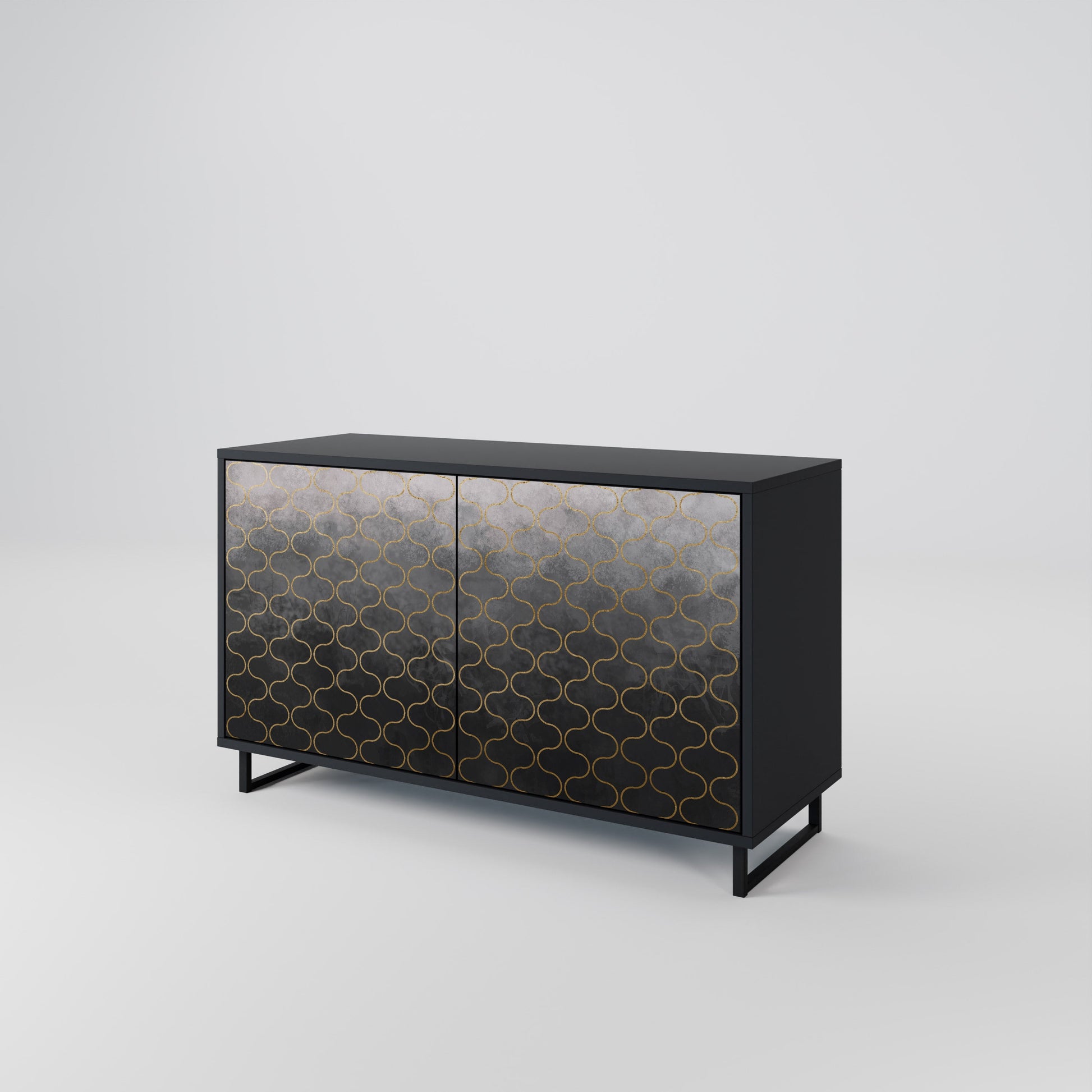 Buffet 2 portes à motif mosaïque grisâtre, finition noire