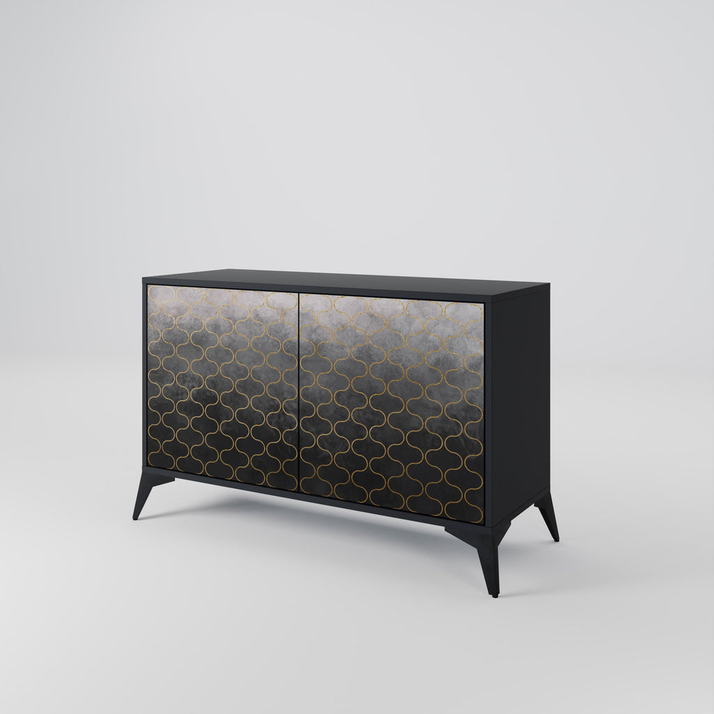 Buffet 2 portes à motif mosaïque grisâtre, finition noire