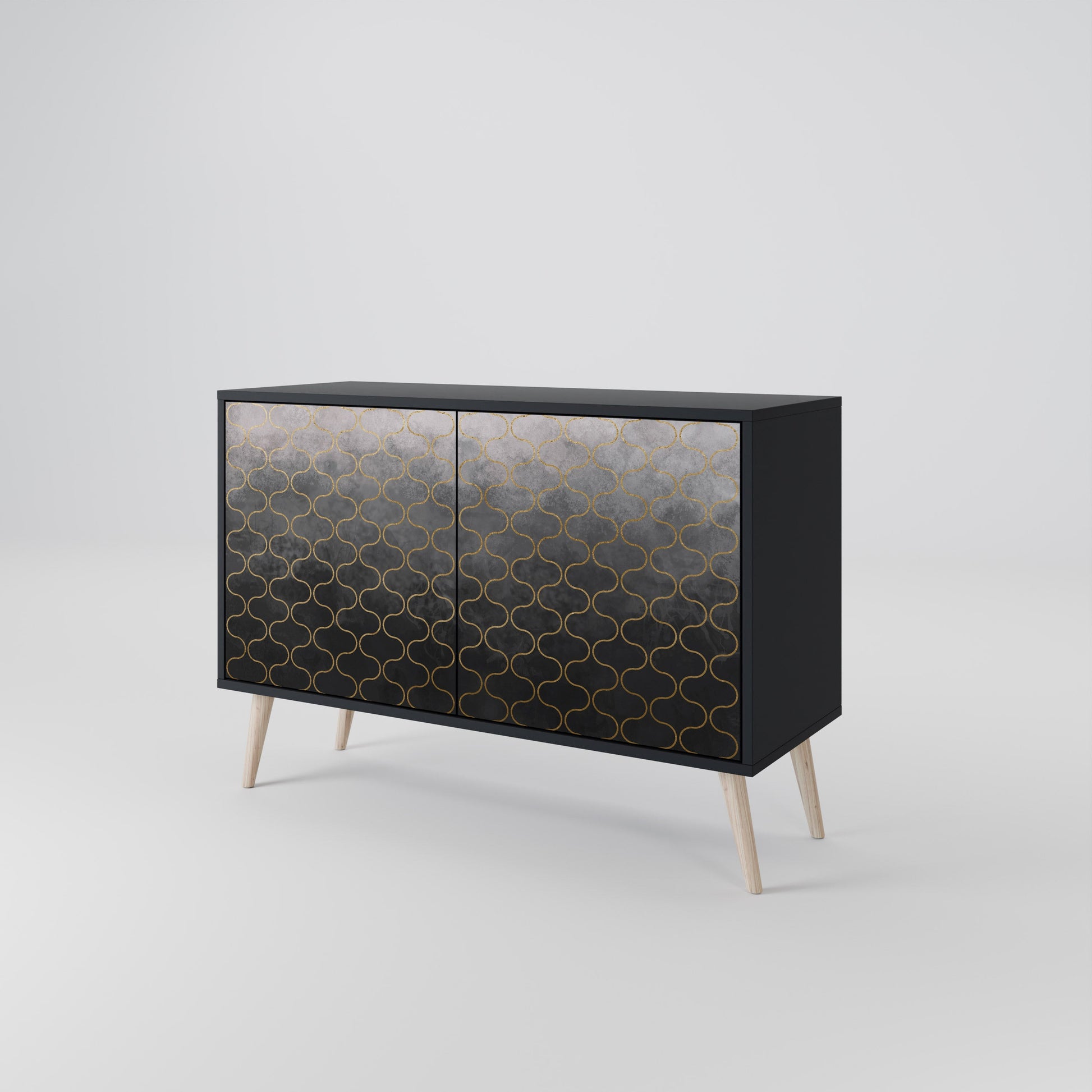 Buffet 2 portes à motif mosaïque grisâtre, finition noire