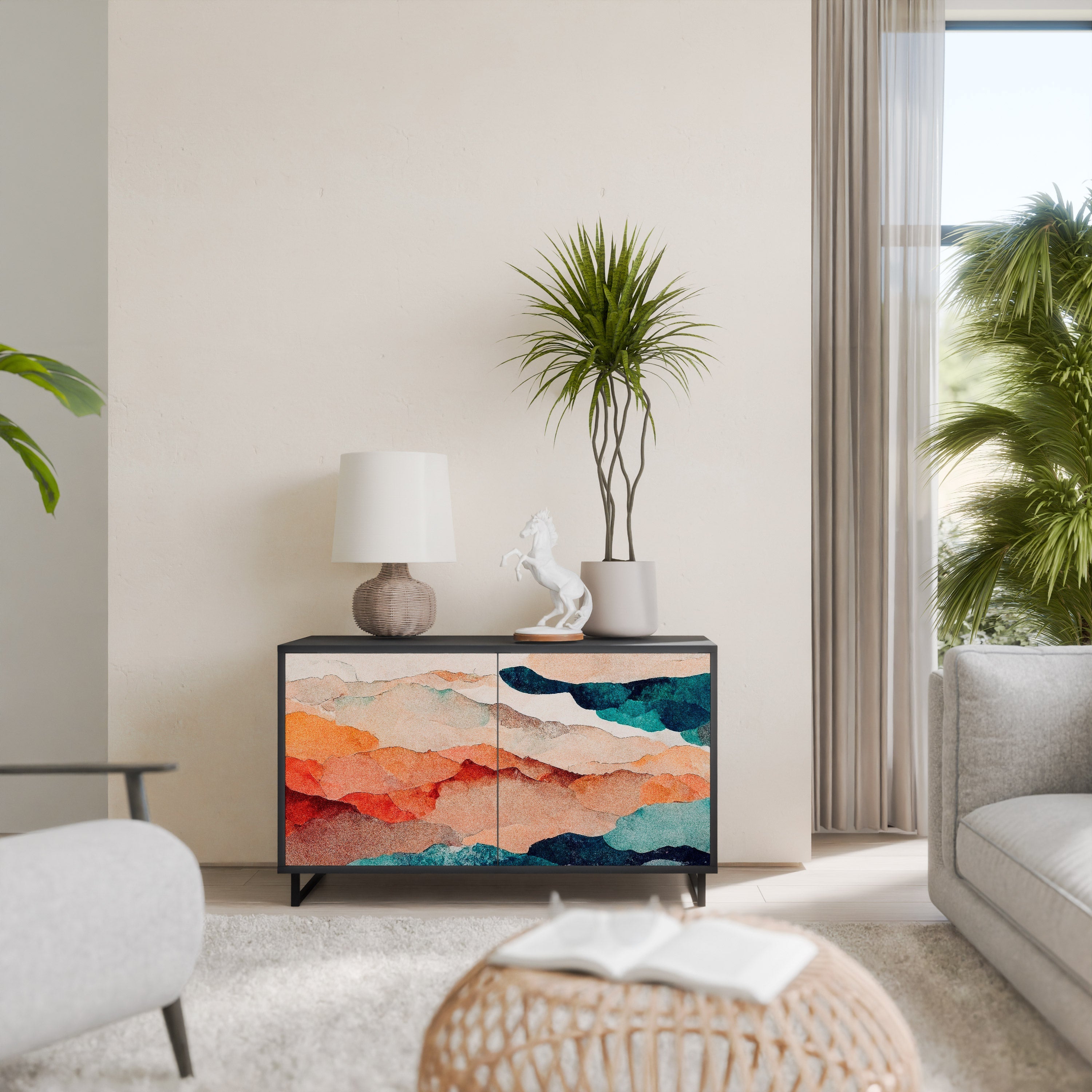 Buffet 2 portes PAYSAGE ABSTRAIT en finition noire