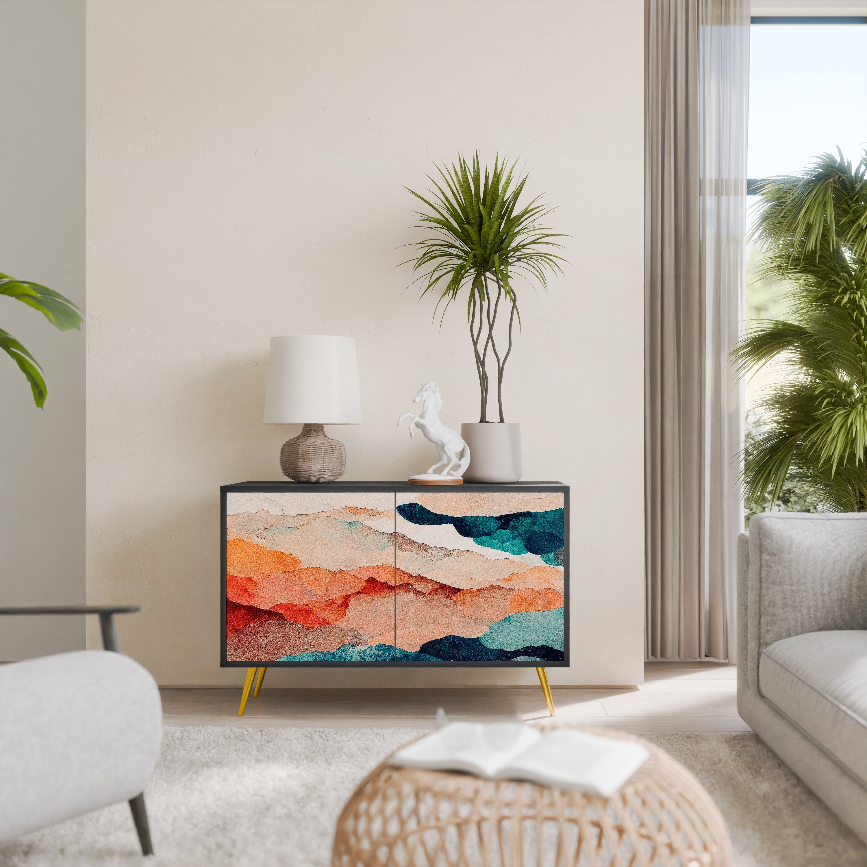 Buffet 2 portes PAYSAGE ABSTRAIT en finition noire