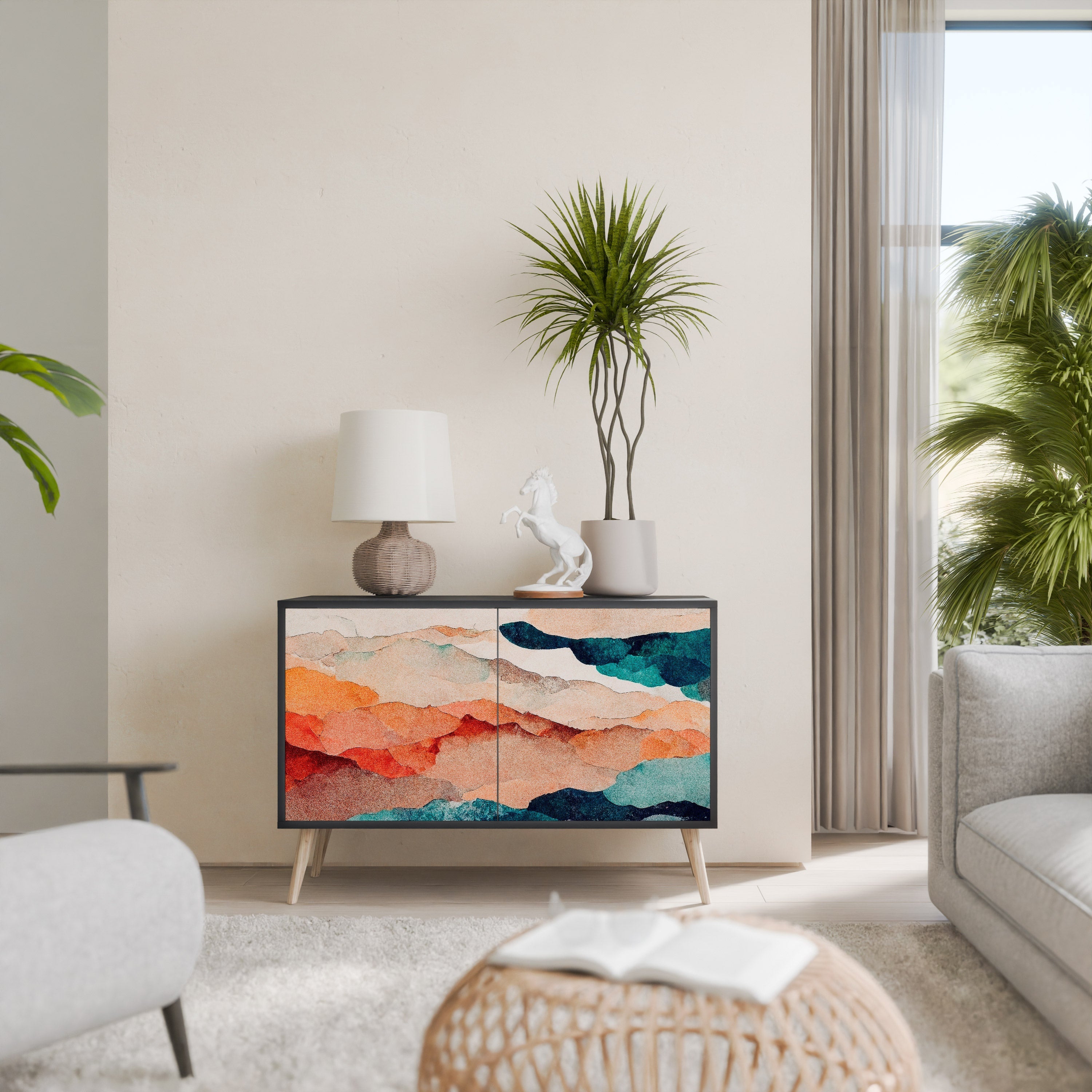 Buffet 2 portes PAYSAGE ABSTRAIT en finition noire