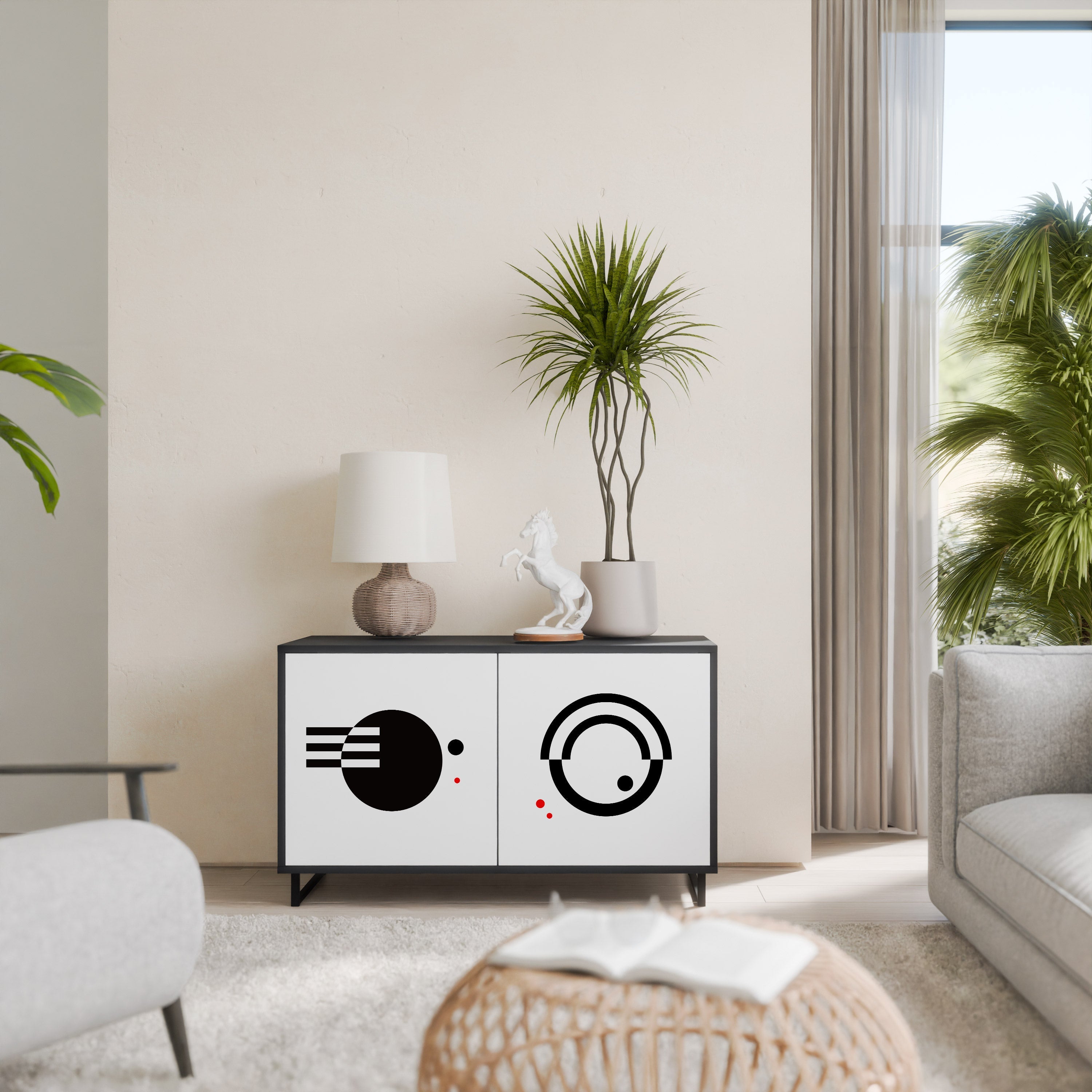 Buffet 2 portes noir et blanc combiné, finition noire