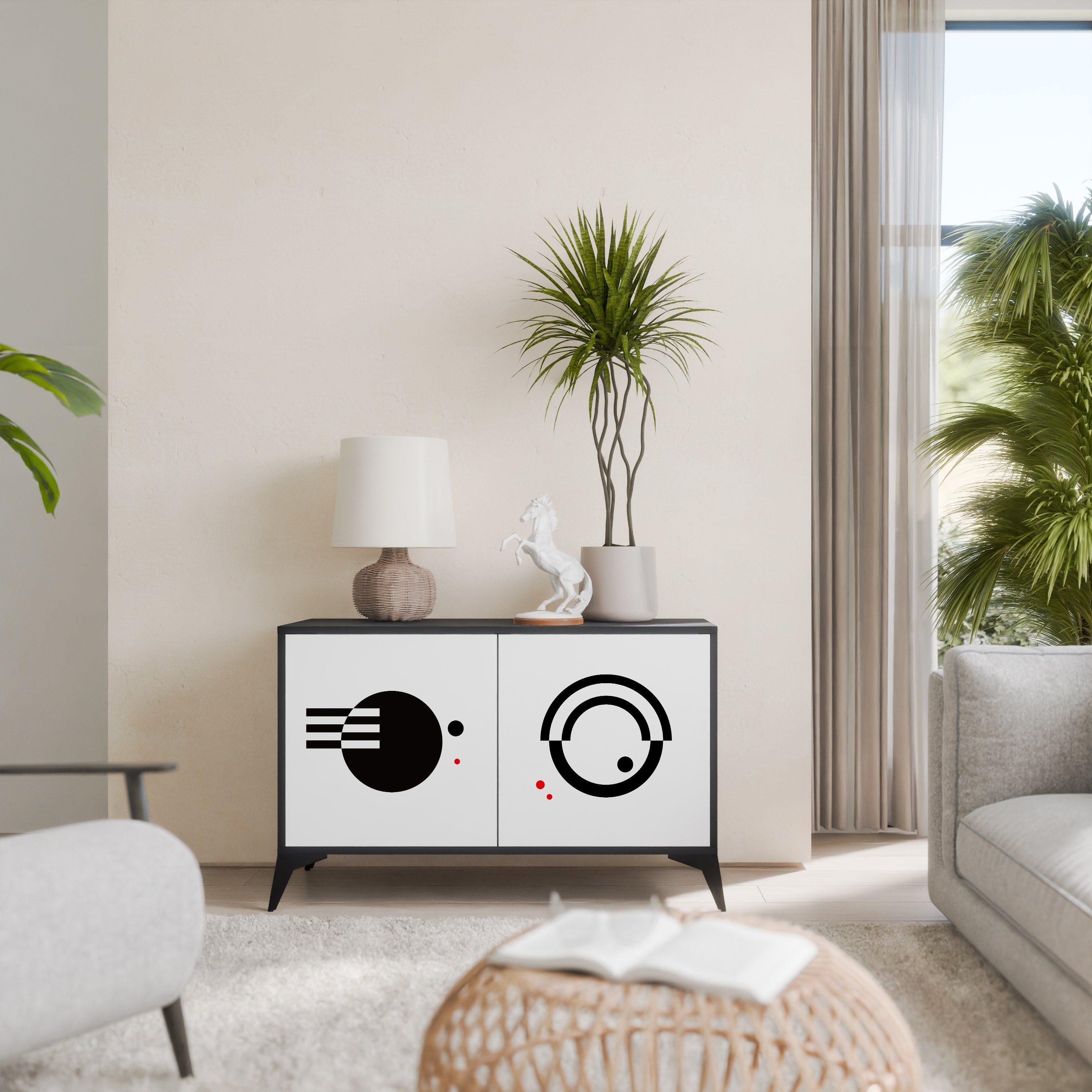 Buffet 2 portes noir et blanc combiné, finition noire