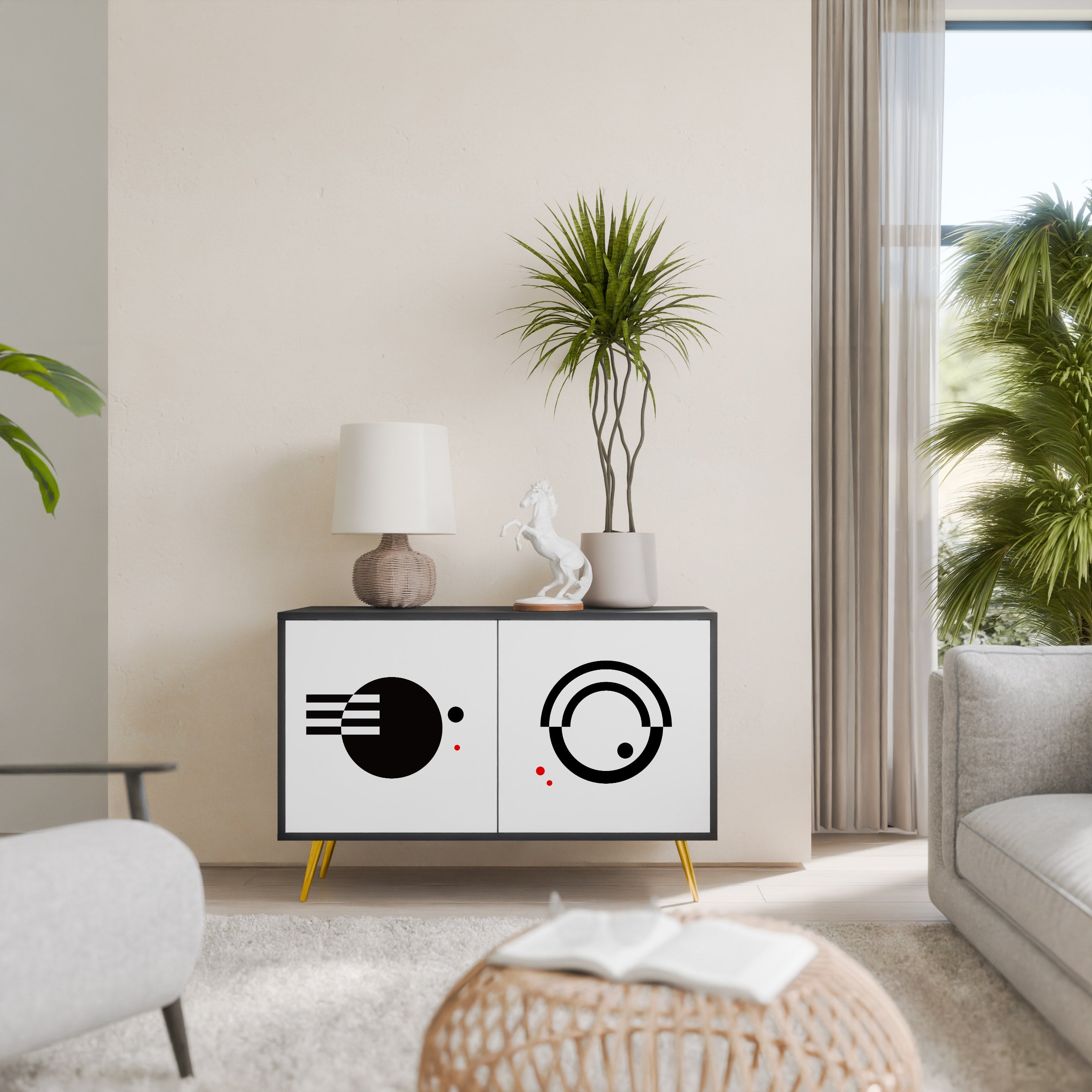 Buffet 2 portes noir et blanc combiné, finition noire