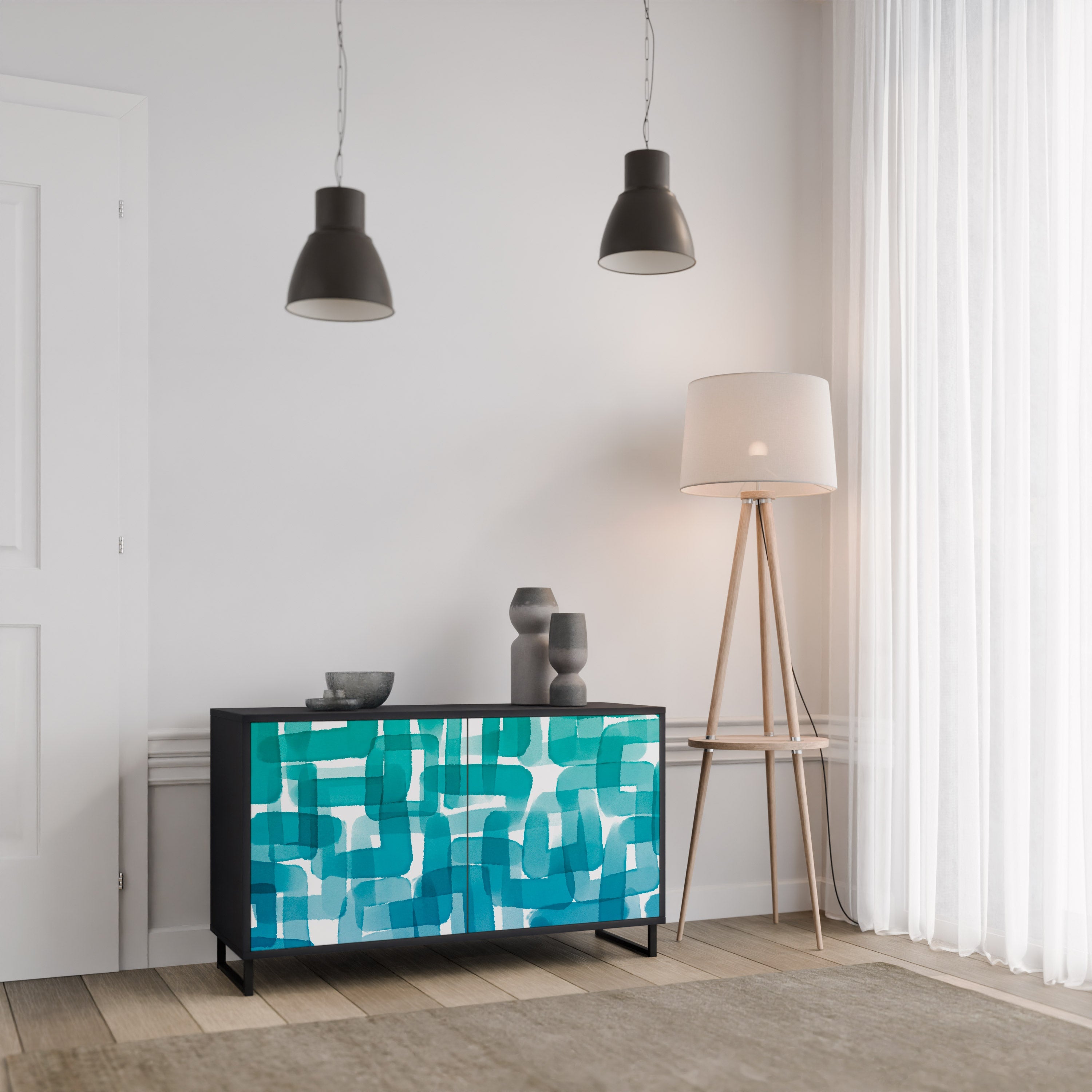 Buffet 2 portes TURQUOISE RECTANGLES finition noire