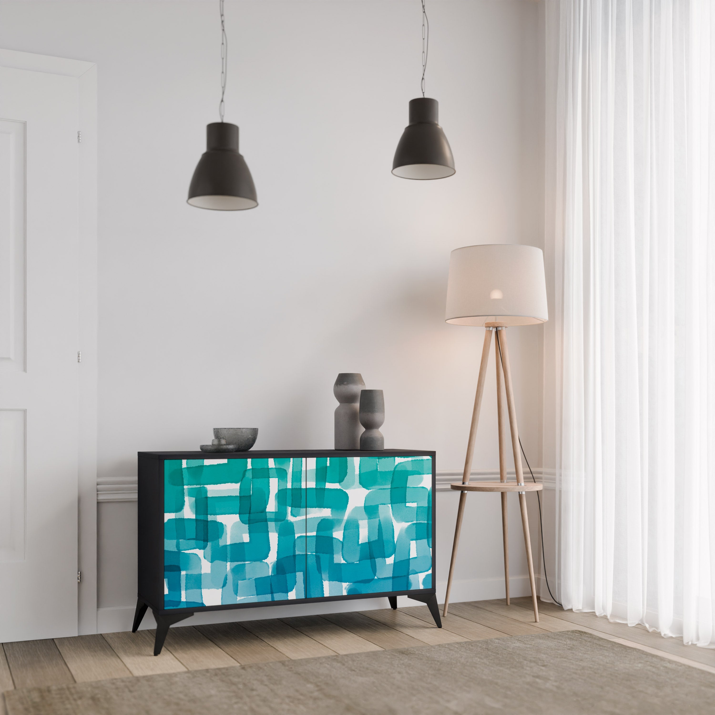 Buffet 2 portes TURQUOISE RECTANGLES finition noire
