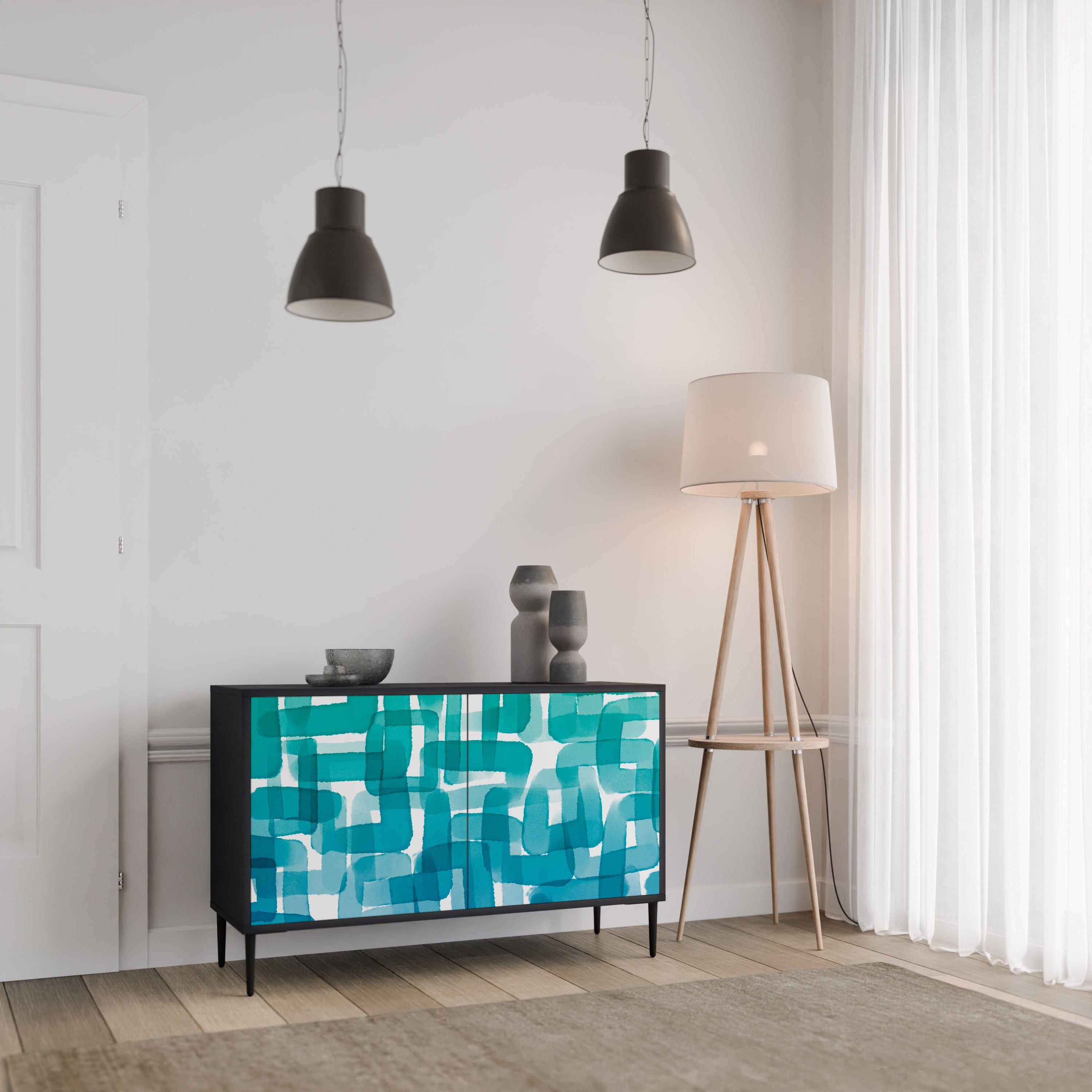 Buffet 2 portes TURQUOISE RECTANGLES finition noire