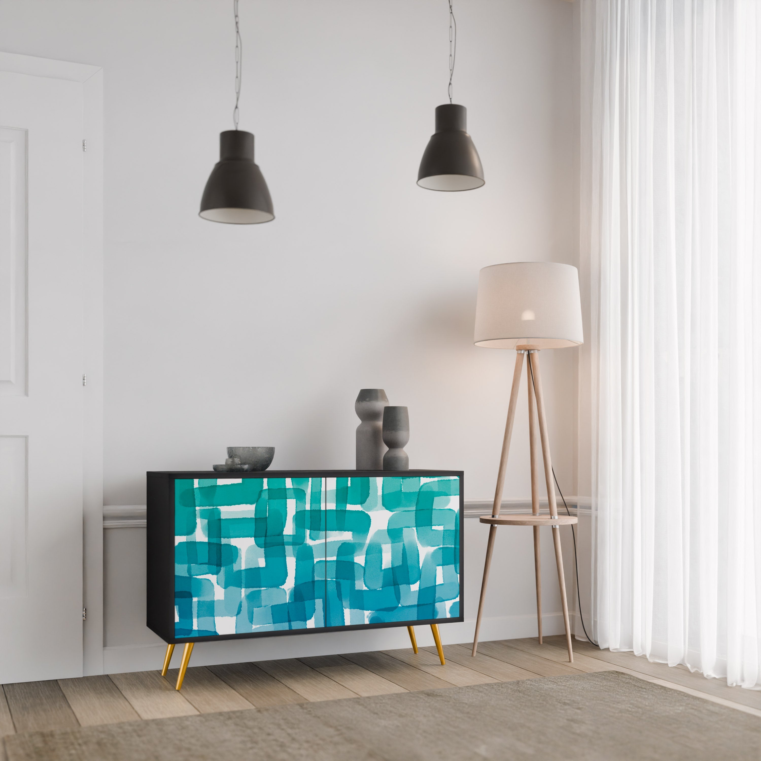 Buffet 2 portes TURQUOISE RECTANGLES finition noire