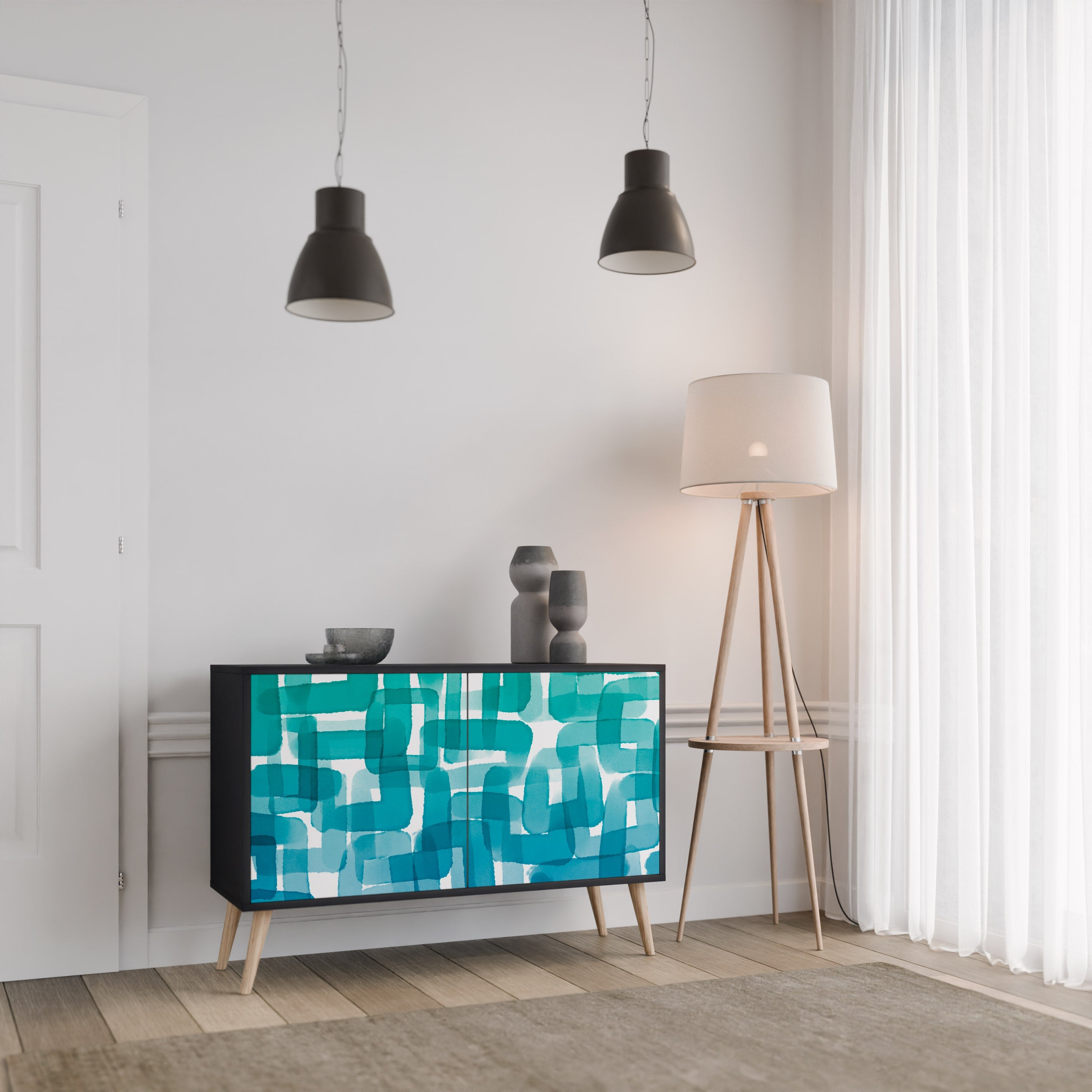 Buffet 2 portes TURQUOISE RECTANGLES finition noire