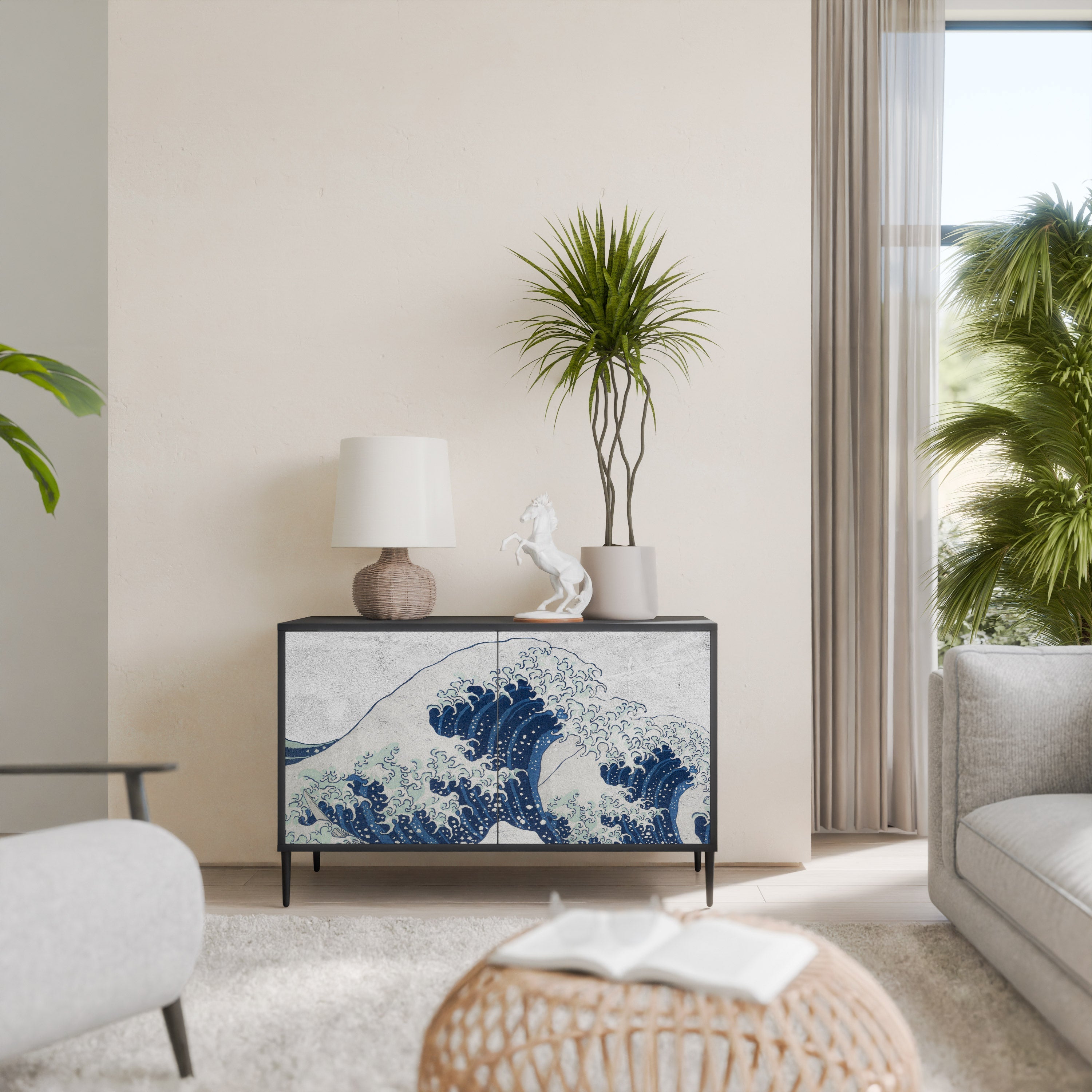 Buffet 2 portes LA GRANDE VAGUE DE KANAGAWA en finition noire