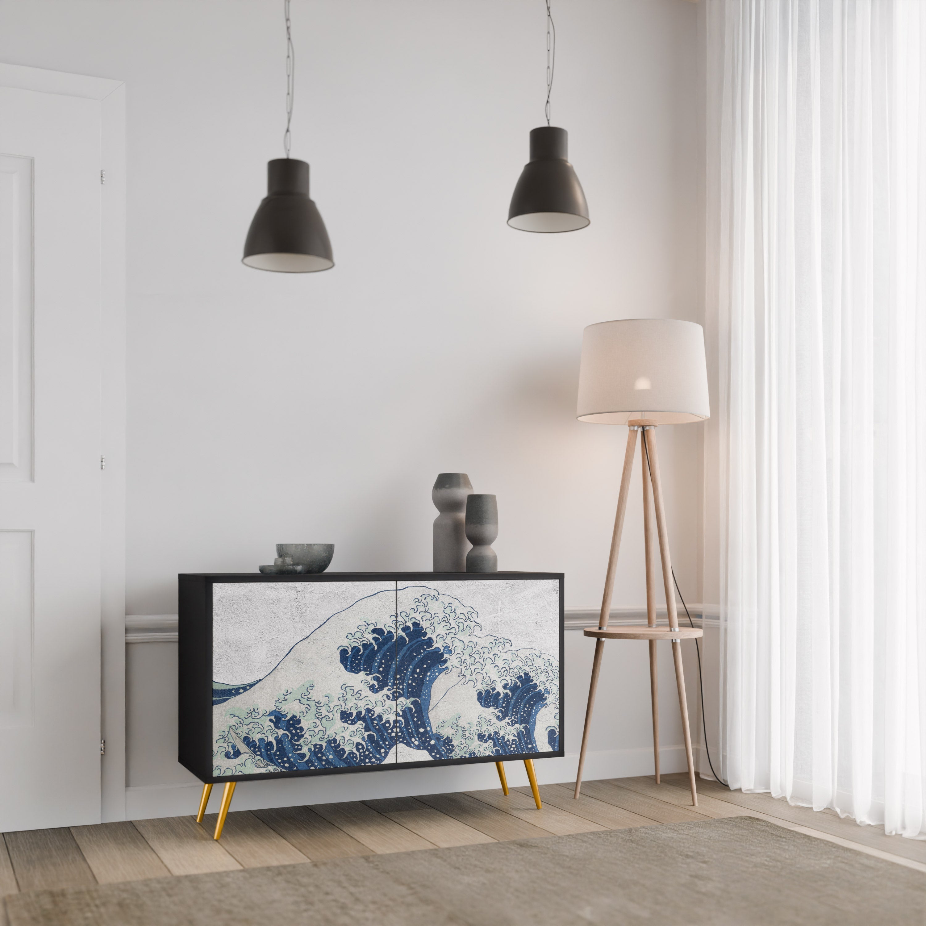 Buffet 2 portes LA GRANDE VAGUE DE KANAGAWA en finition noire