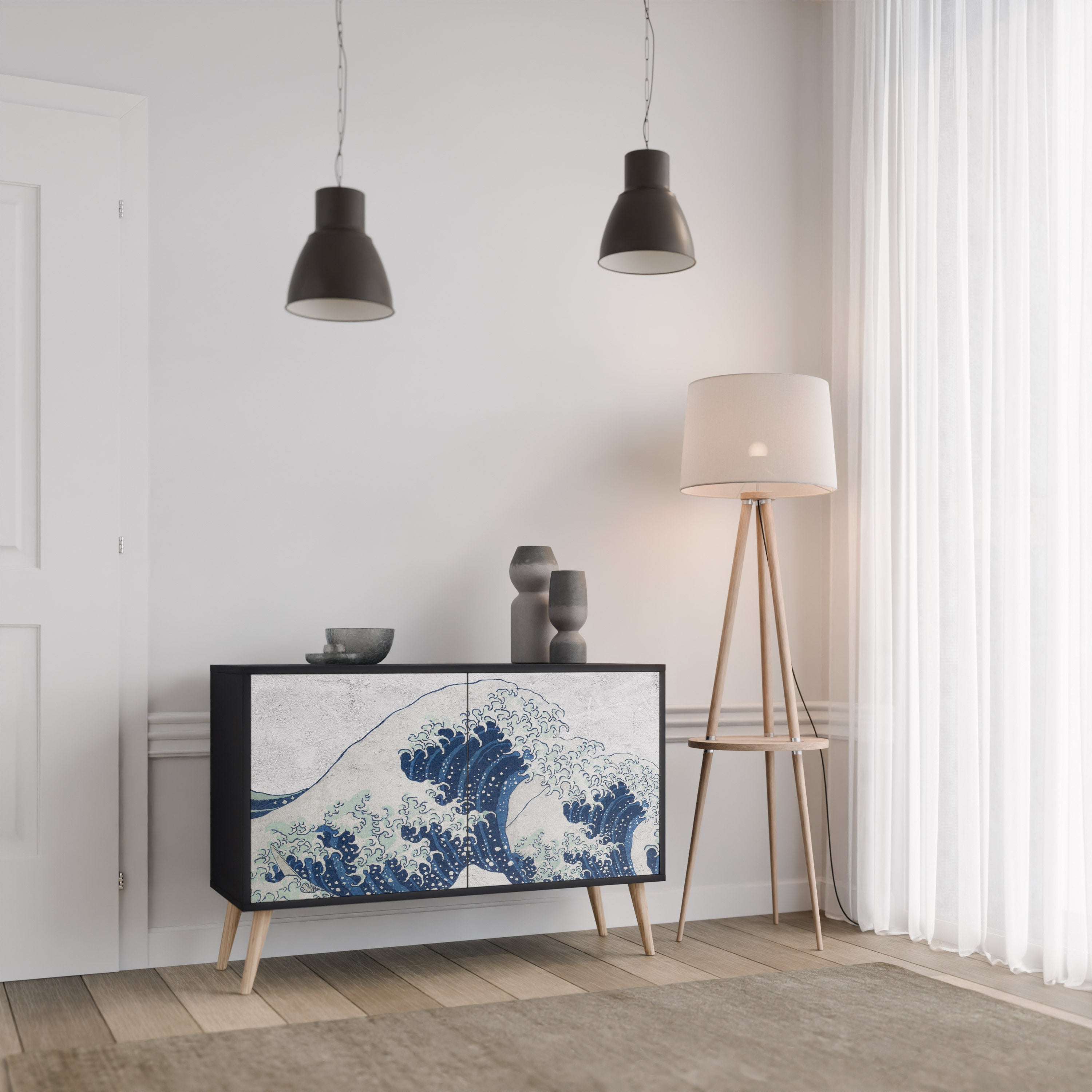 Buffet 2 portes LA GRANDE VAGUE DE KANAGAWA en finition noire
