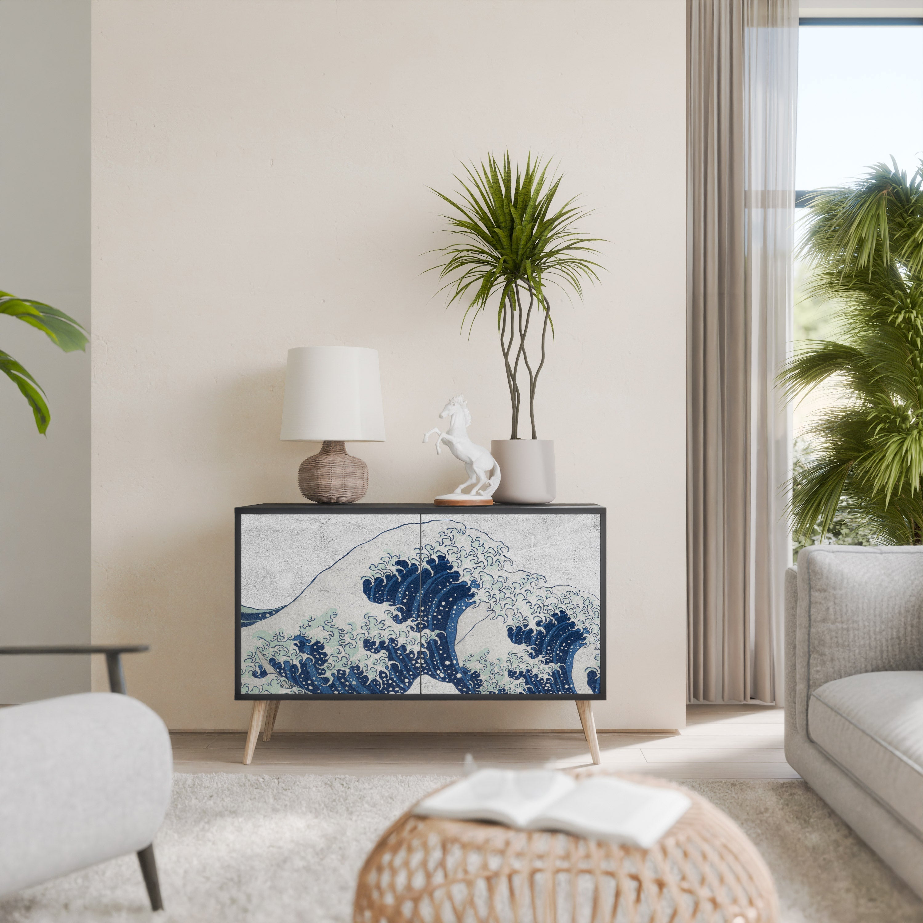 Buffet 2 portes LA GRANDE VAGUE DE KANAGAWA en finition noire