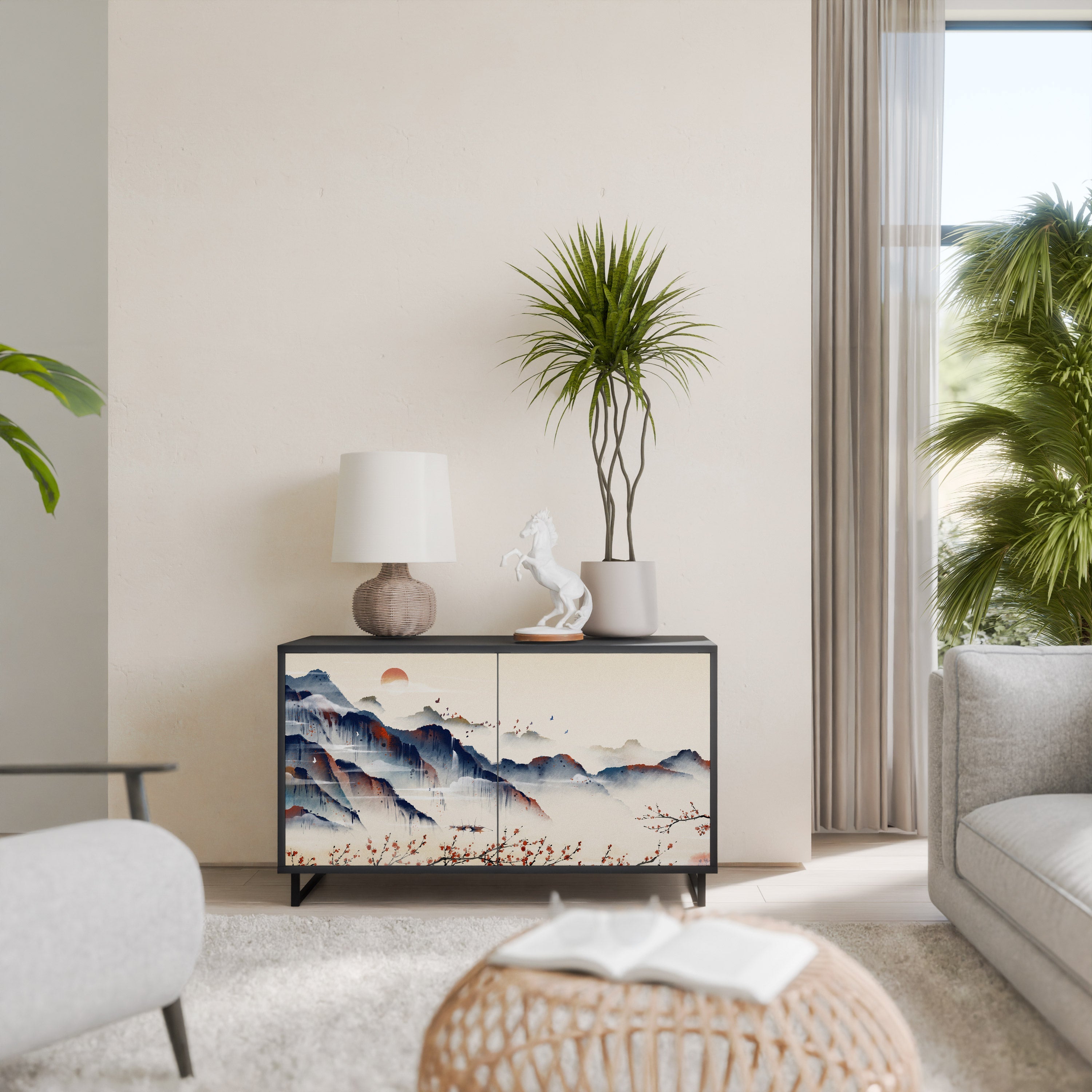 Buffet 2 portes PAYSAGE JAPONAIS finition noire