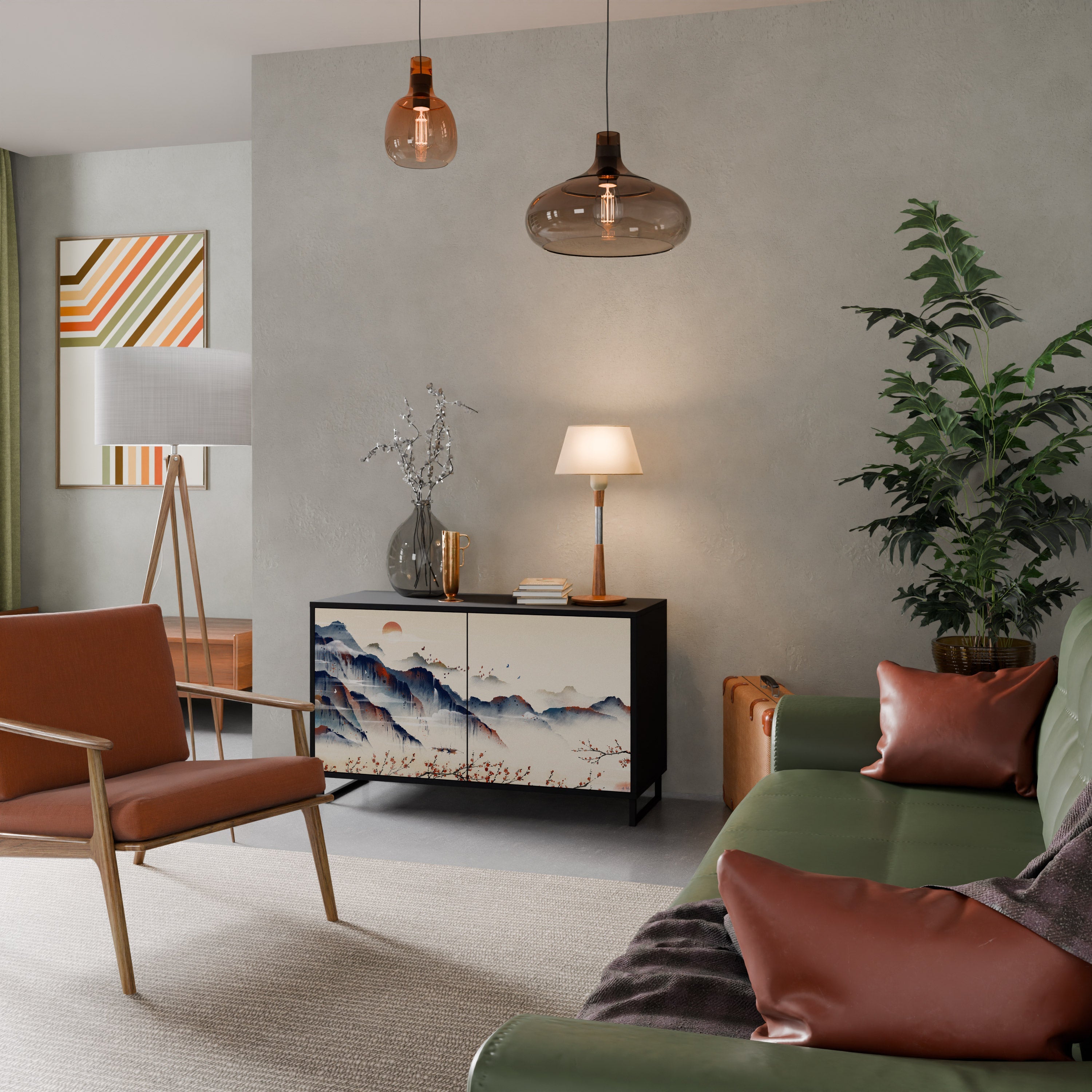 Buffet 2 portes PAYSAGE JAPONAIS finition noire