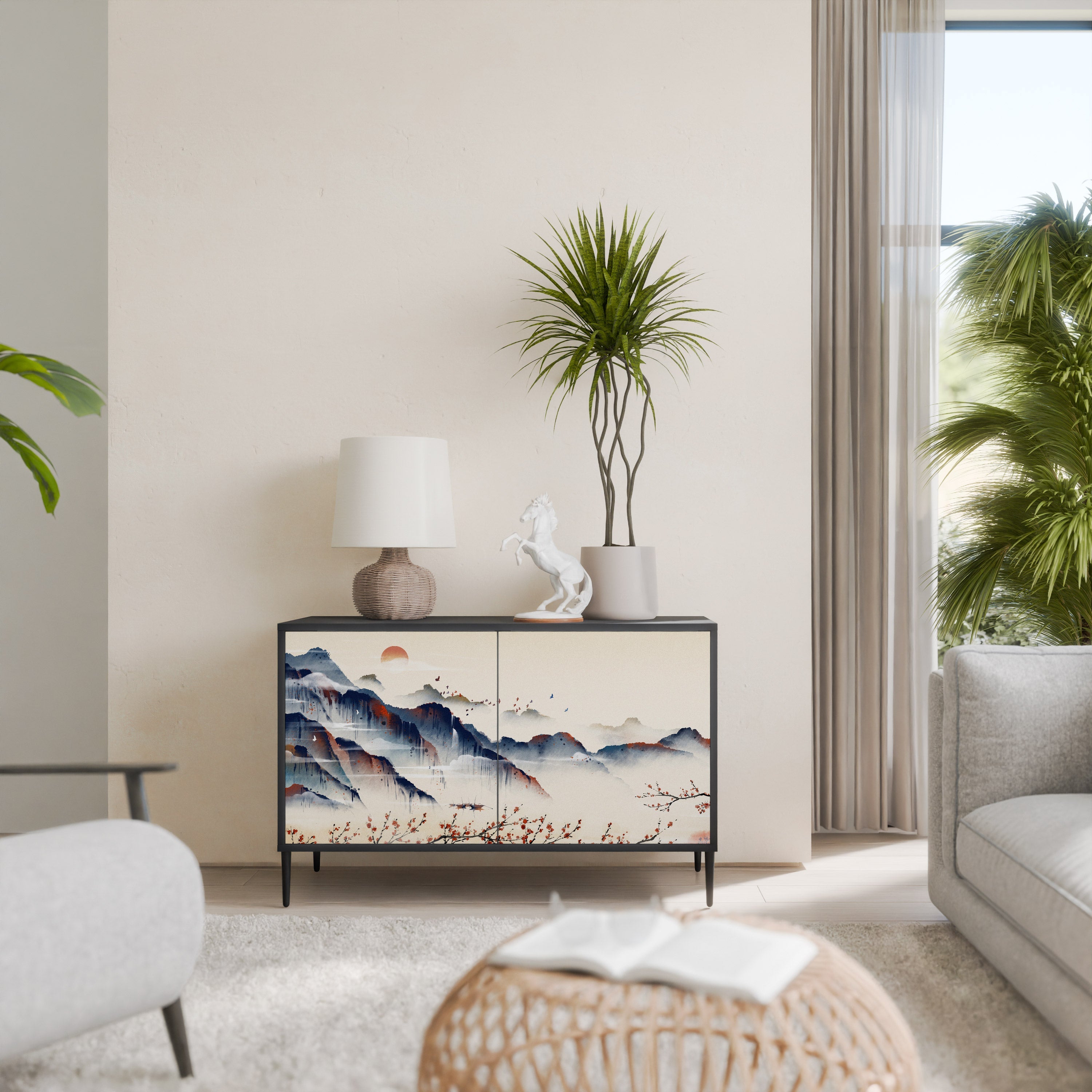 Buffet 2 portes PAYSAGE JAPONAIS finition noire
