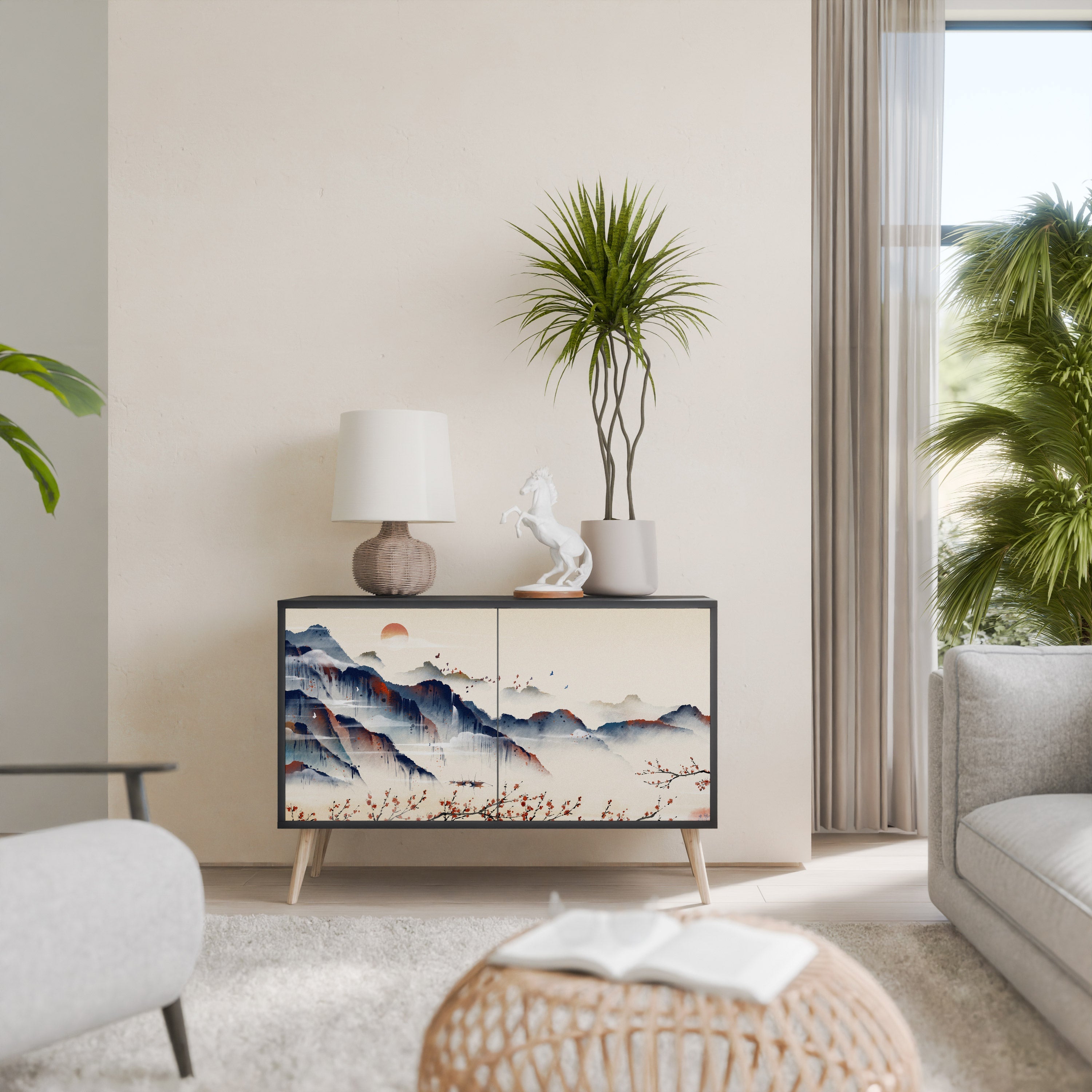 Buffet 2 portes PAYSAGE JAPONAIS finition noire