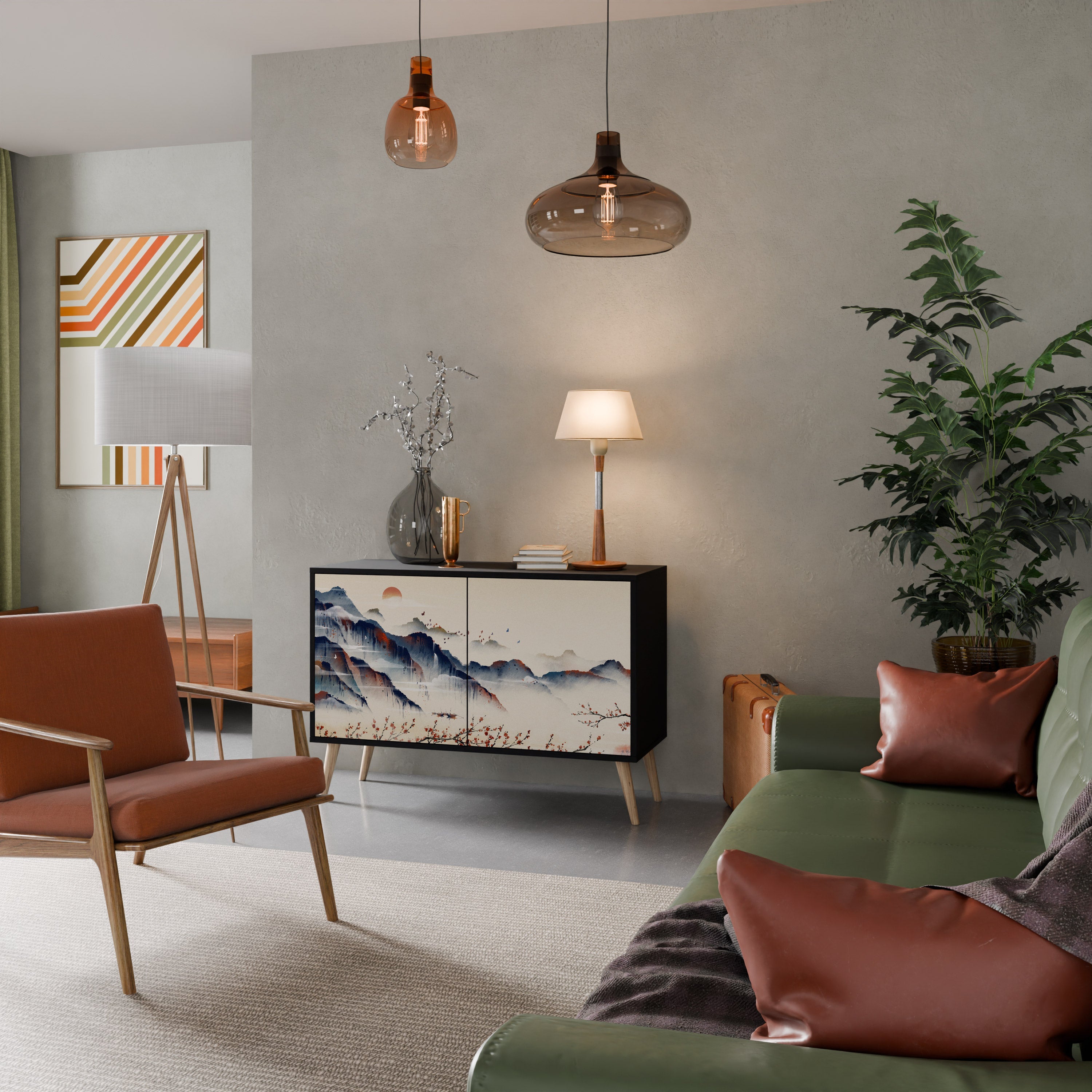 Buffet 2 portes PAYSAGE JAPONAIS finition noire