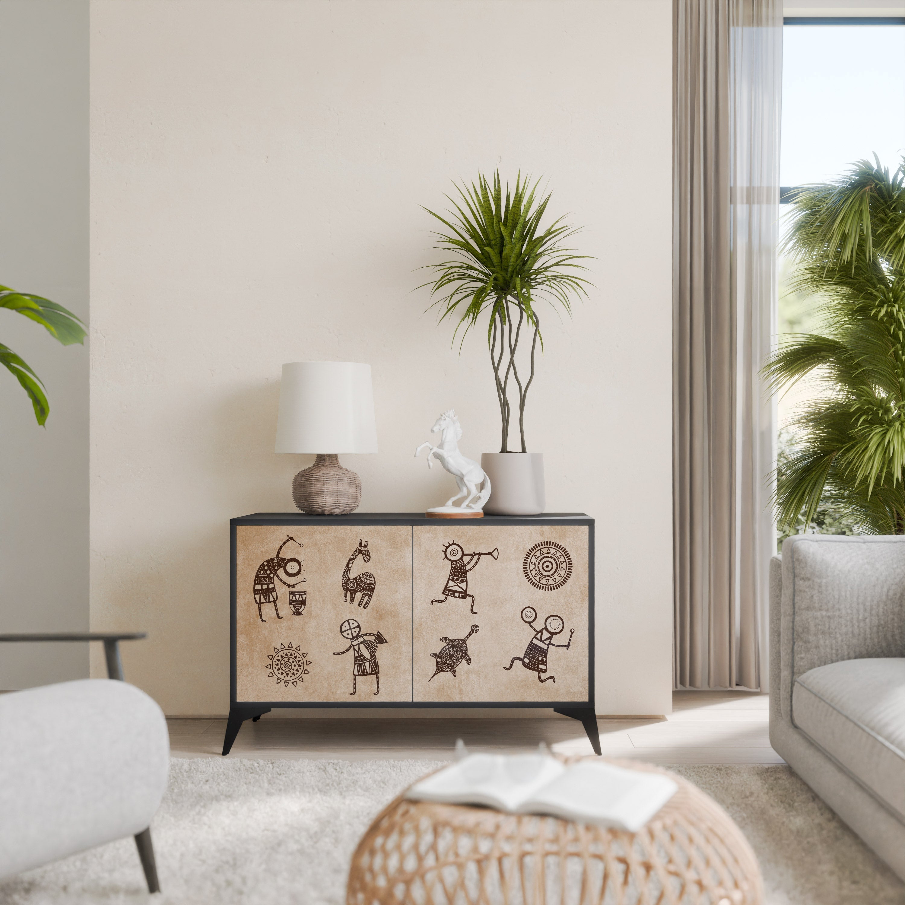 Buffet 2 portes de style africain en finition noire