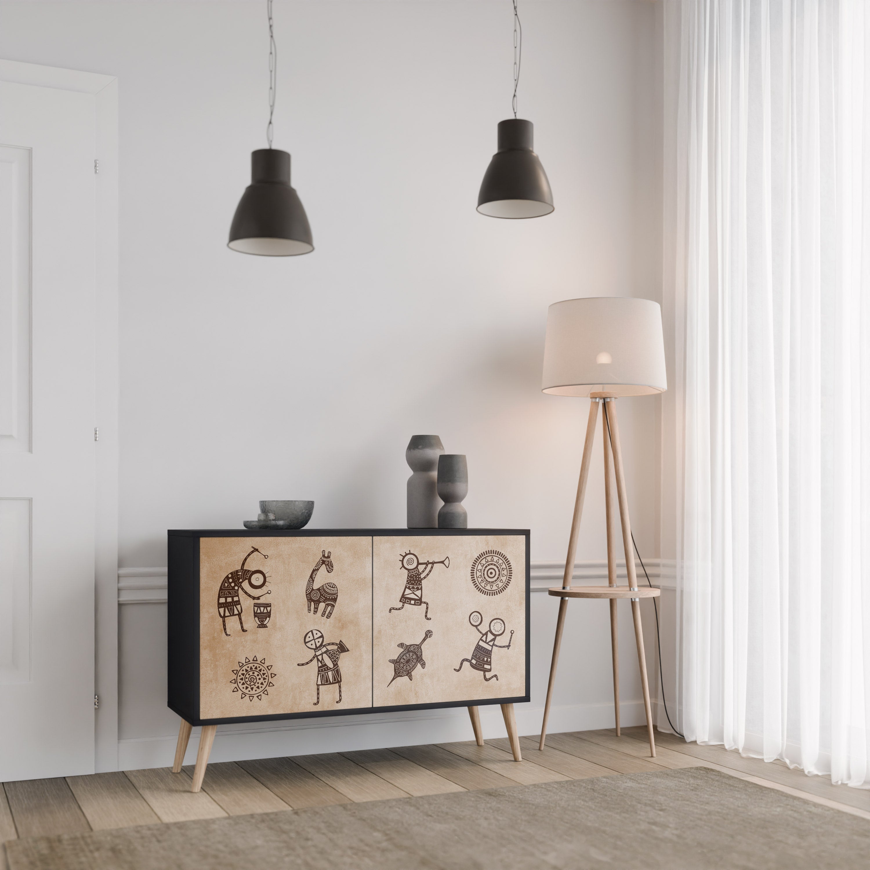 Buffet 2 portes de style africain en finition noire