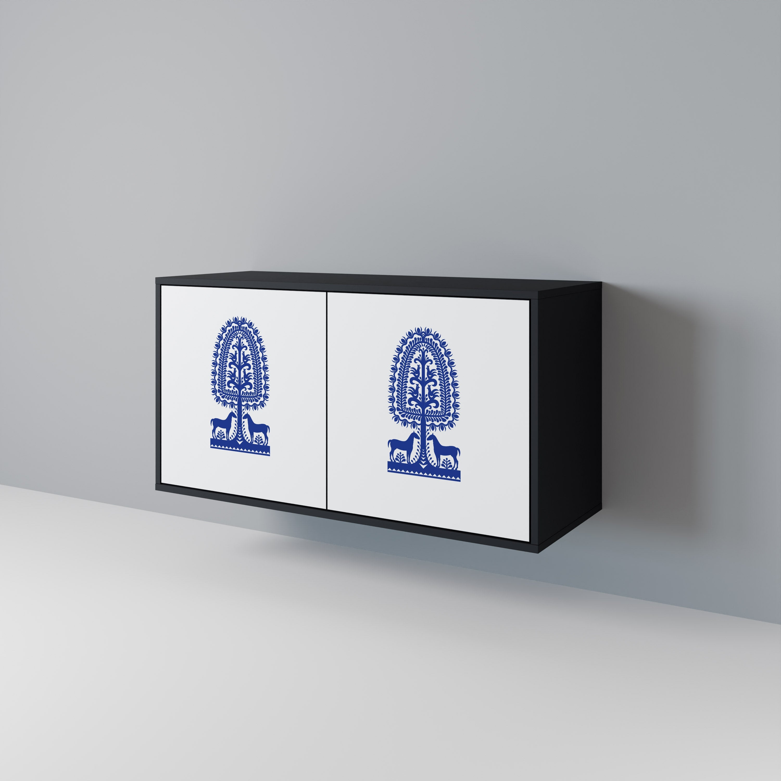 Buffet 2 portes en finition noire, style art populaire polonais