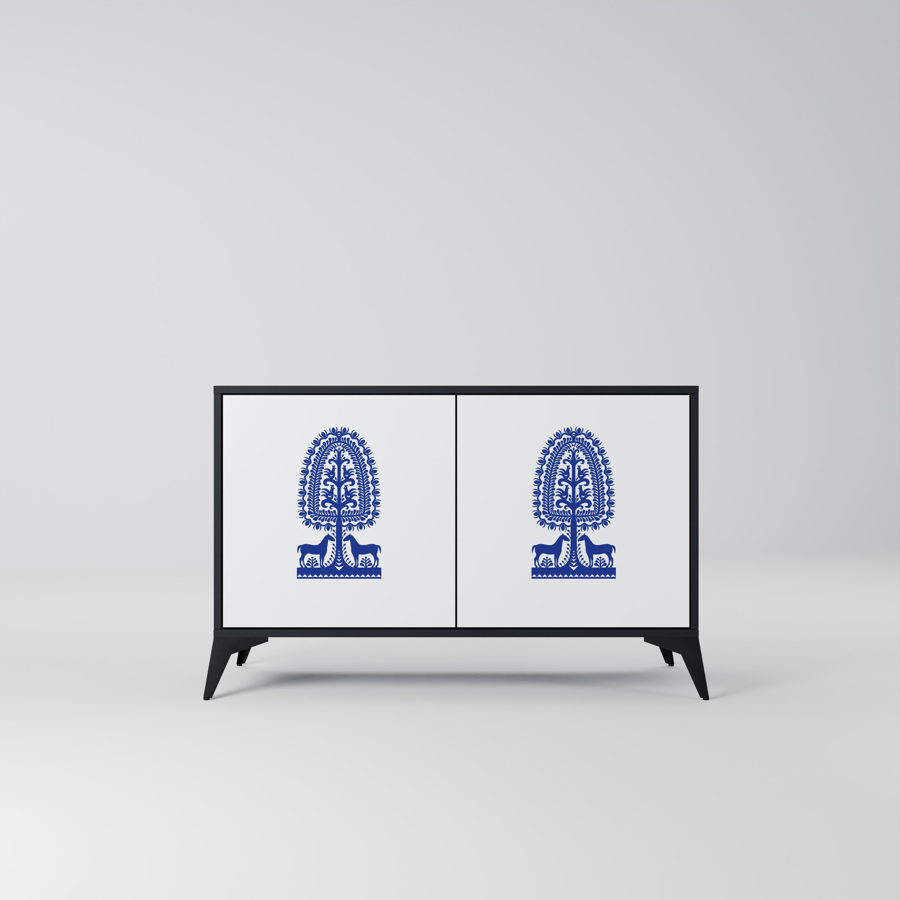 Buffet 2 portes en finition noire, style art populaire polonais