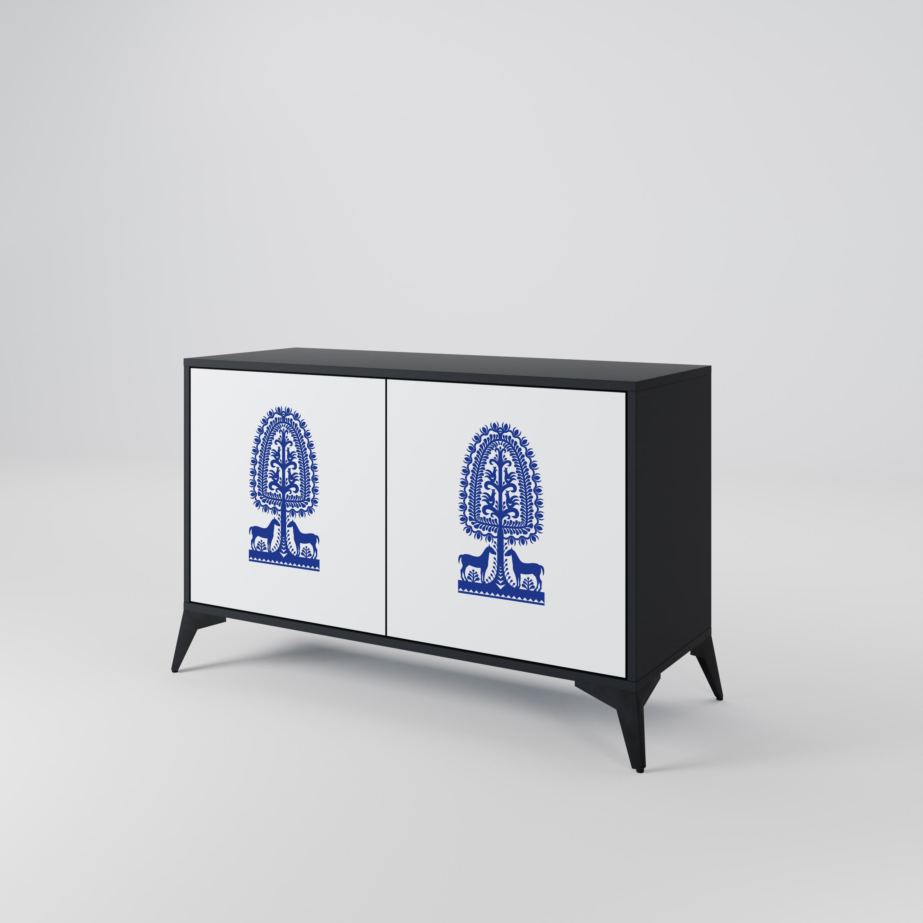 Buffet 2 portes en finition noire, style art populaire polonais