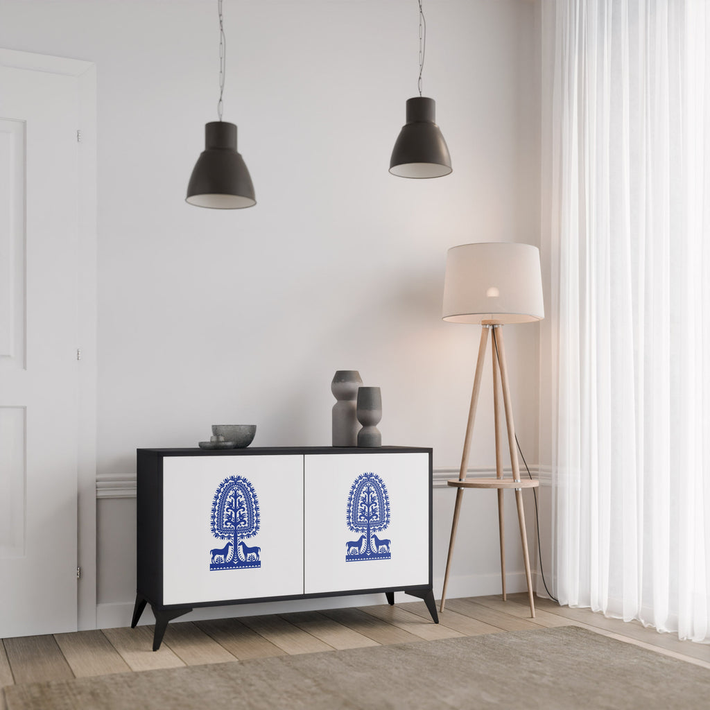 Buffet 2 portes en finition noire, style art populaire polonais