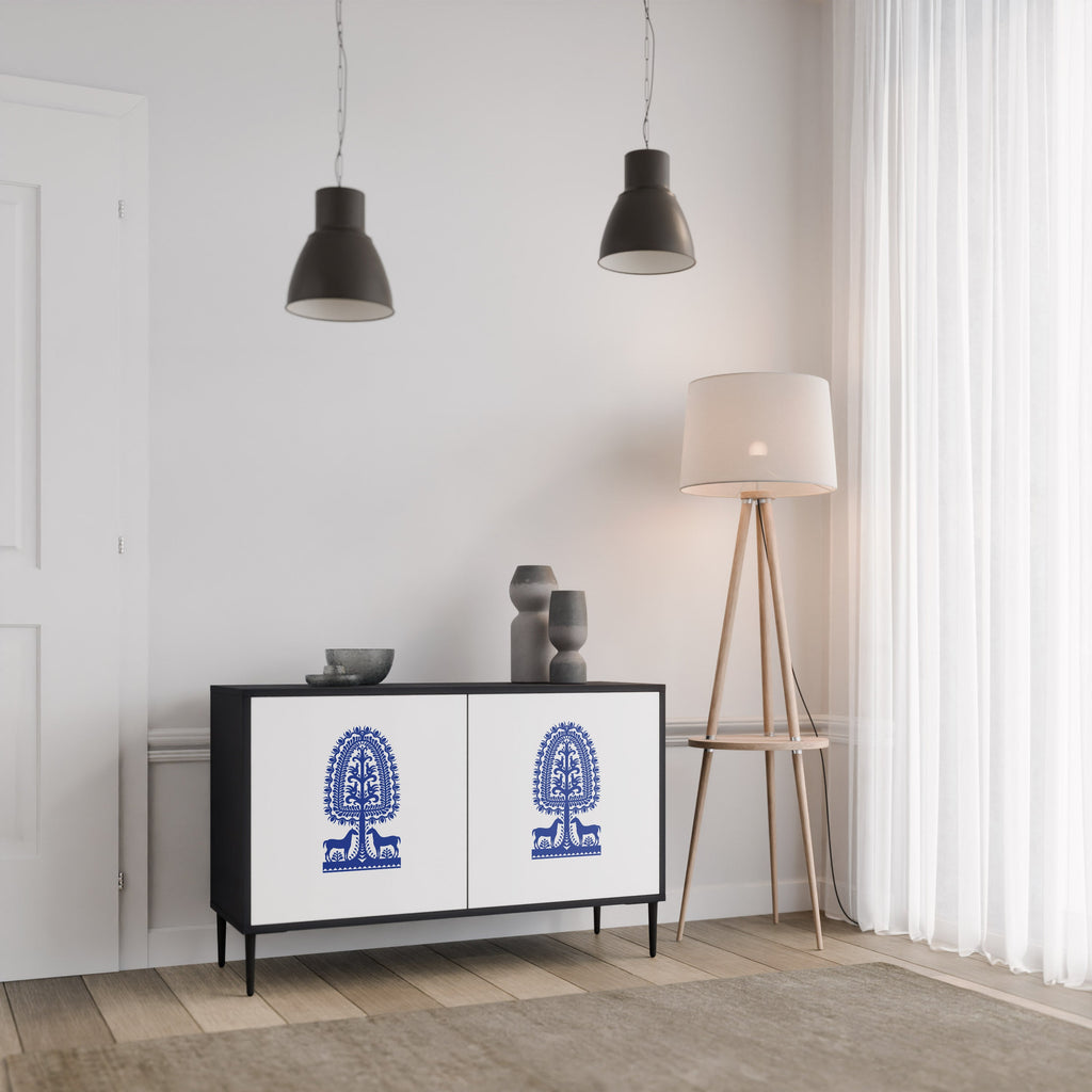 Buffet 2 portes en finition noire, style art populaire polonais