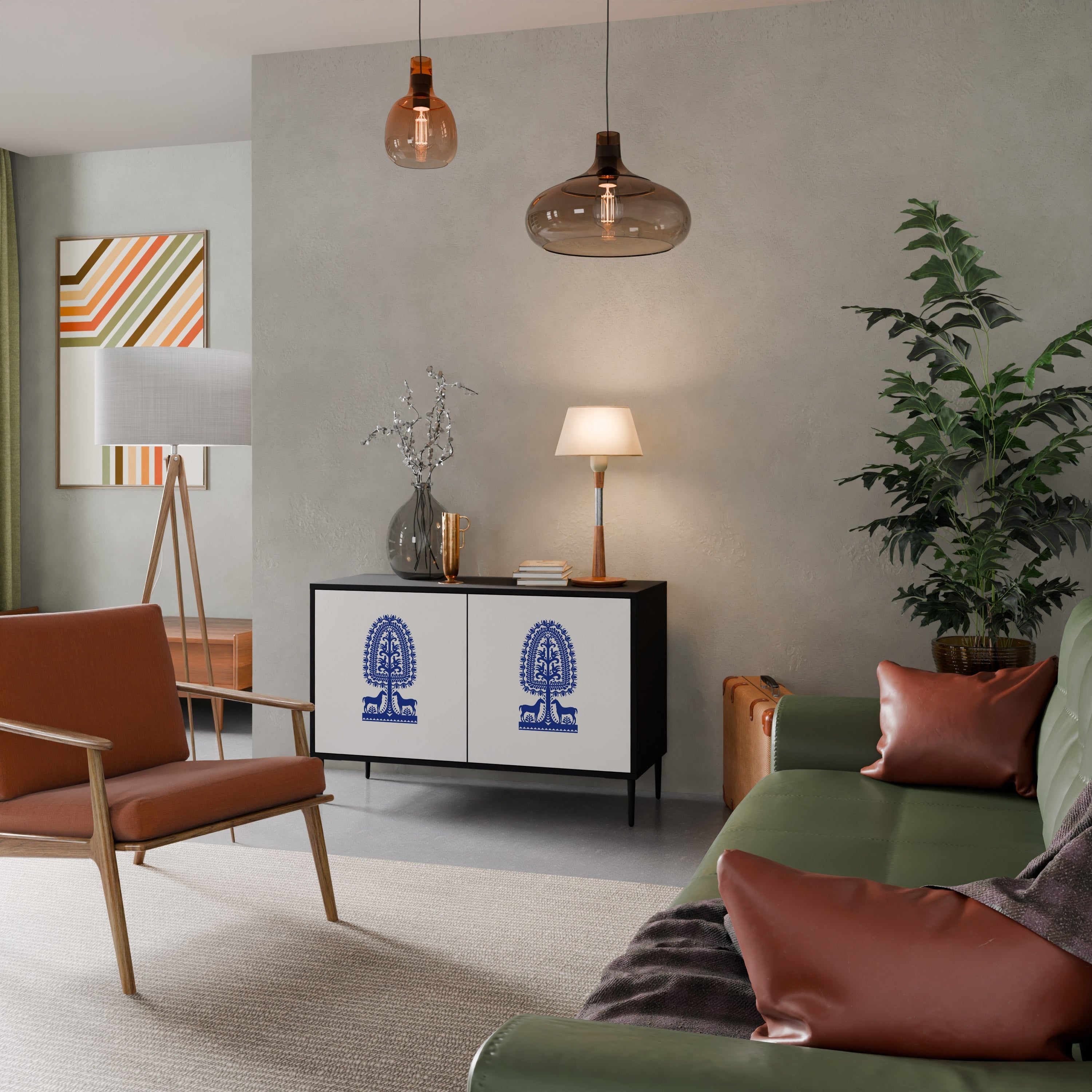 Buffet 2 portes en finition noire, style art populaire polonais