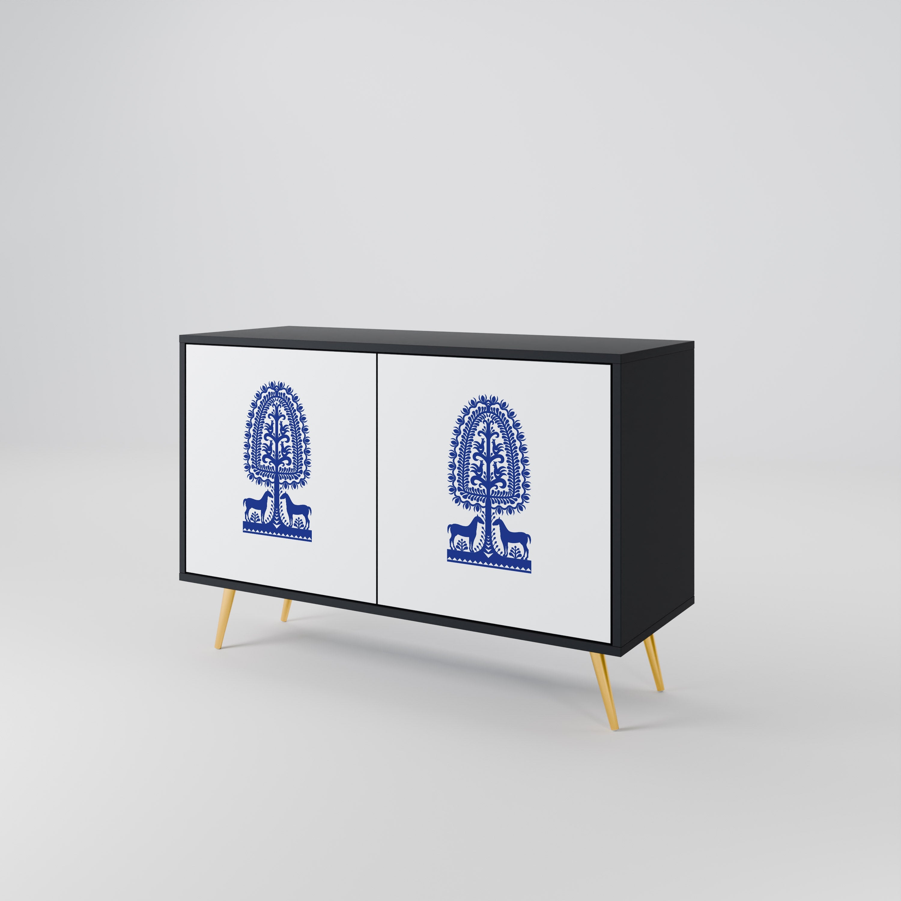 Buffet 2 portes en finition noire, style art populaire polonais