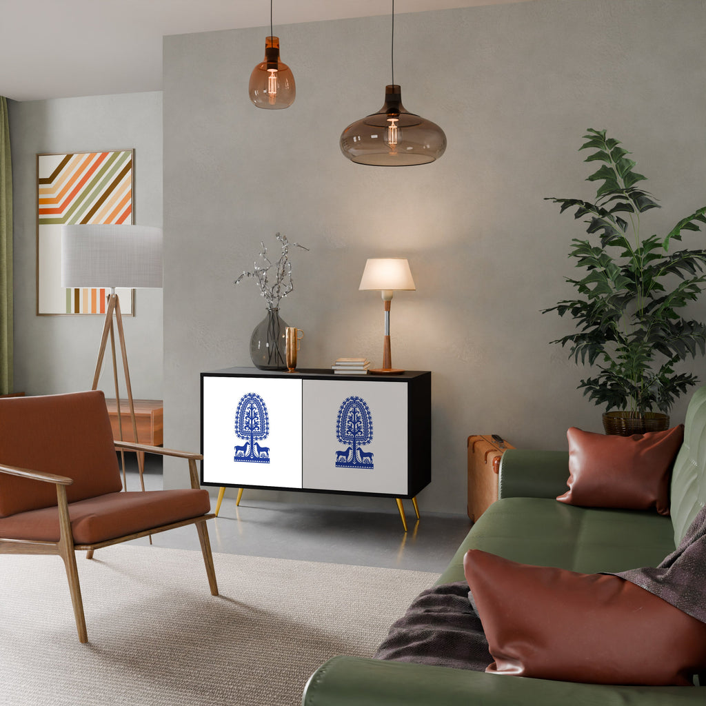 Buffet 2 portes en finition noire, style art populaire polonais