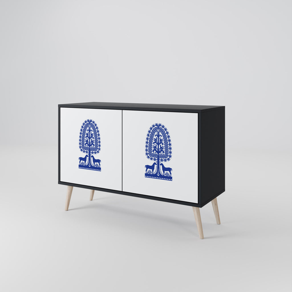 Buffet 2 portes en finition noire, style art populaire polonais