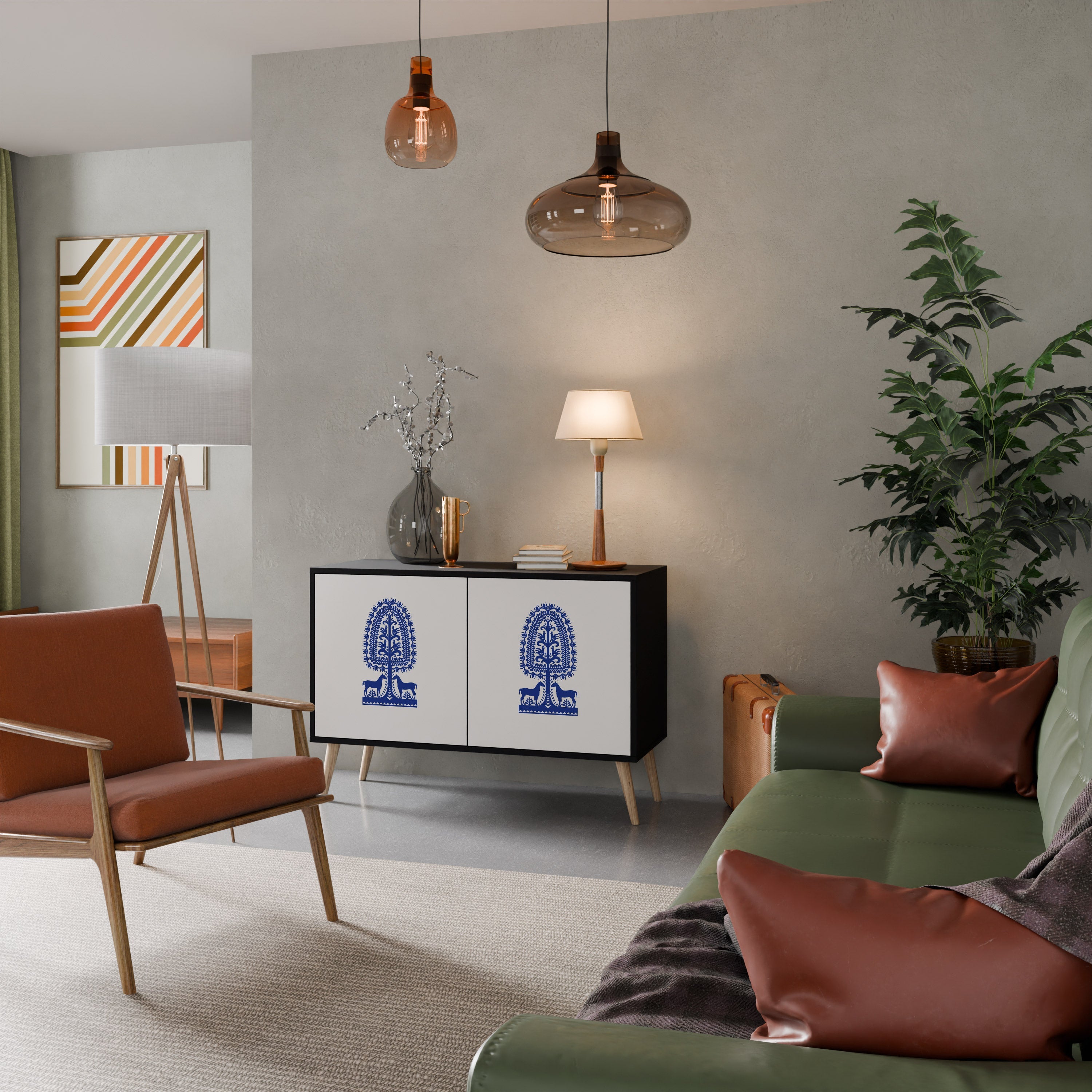 Buffet 2 portes en finition noire, style art populaire polonais