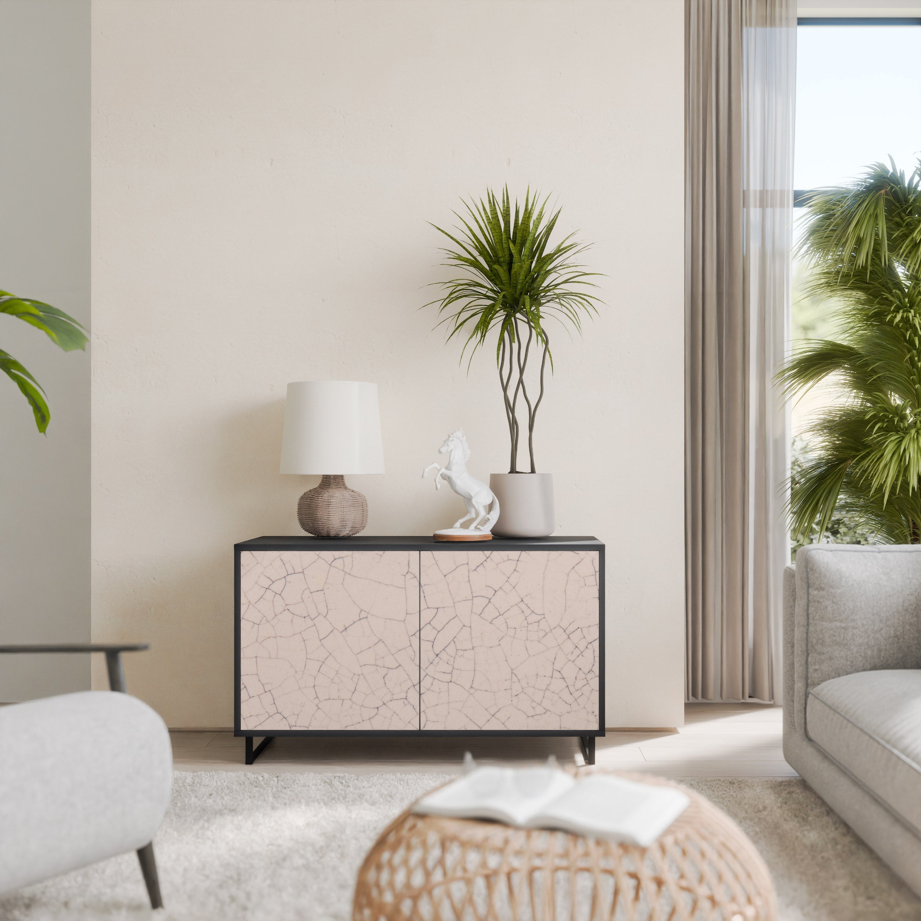 Buffet 2 portes en céramique texturée, finition noire