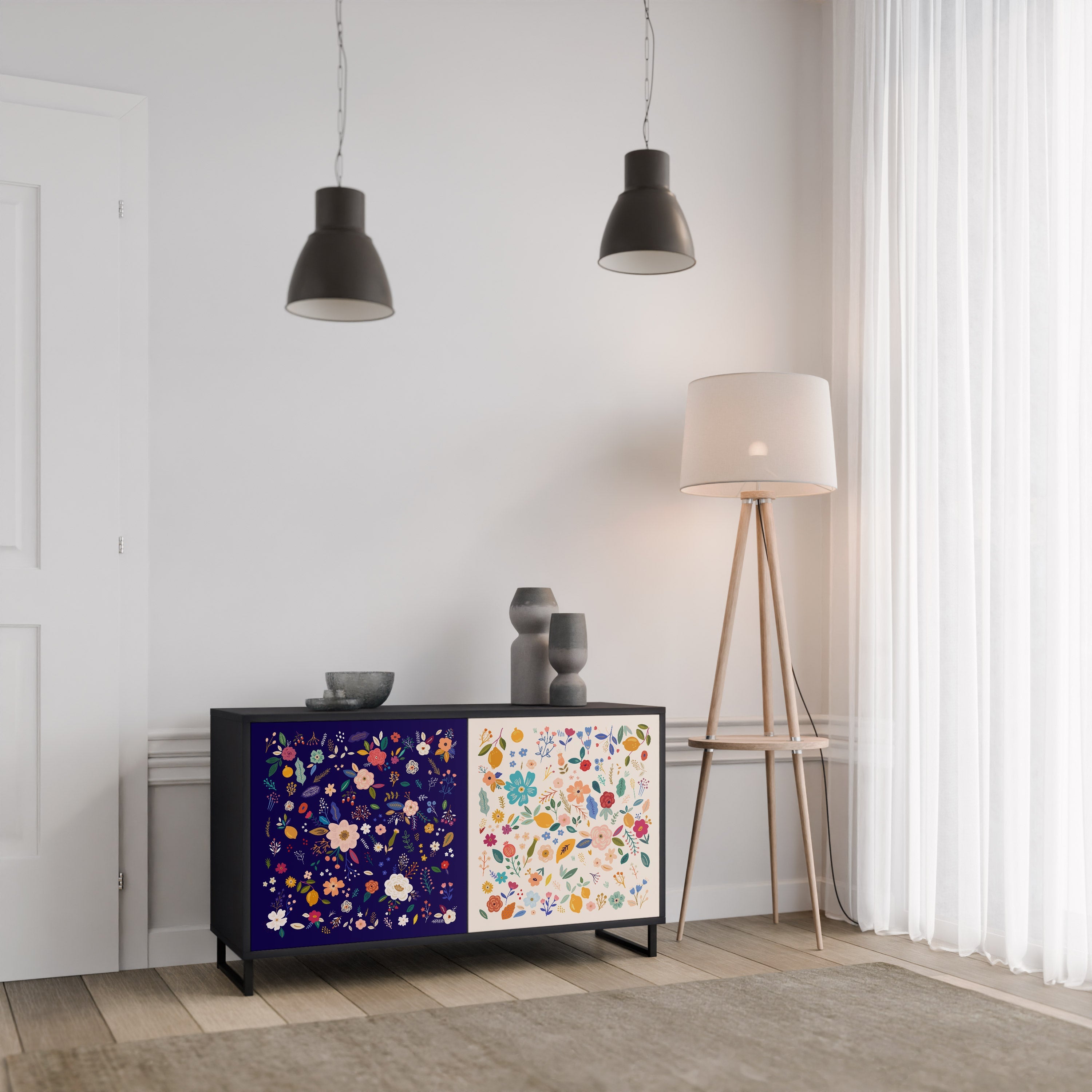 Buffet 2 portes FLORAL COMBINATION en finition noire