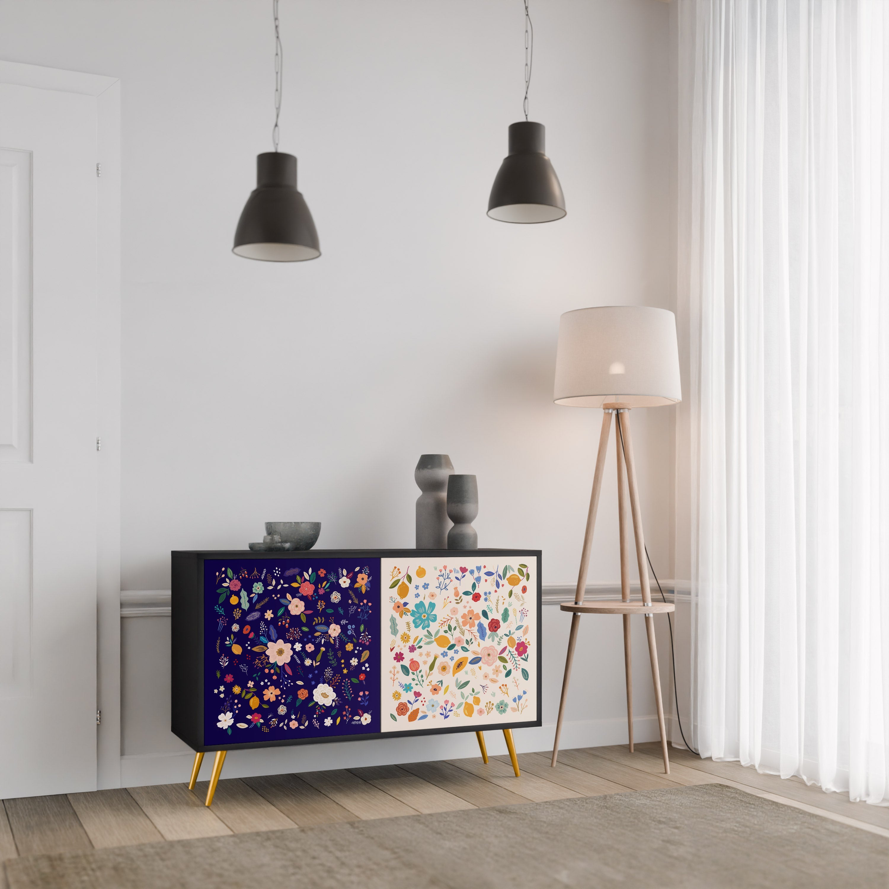 Buffet 2 portes FLORAL COMBINATION en finition noire