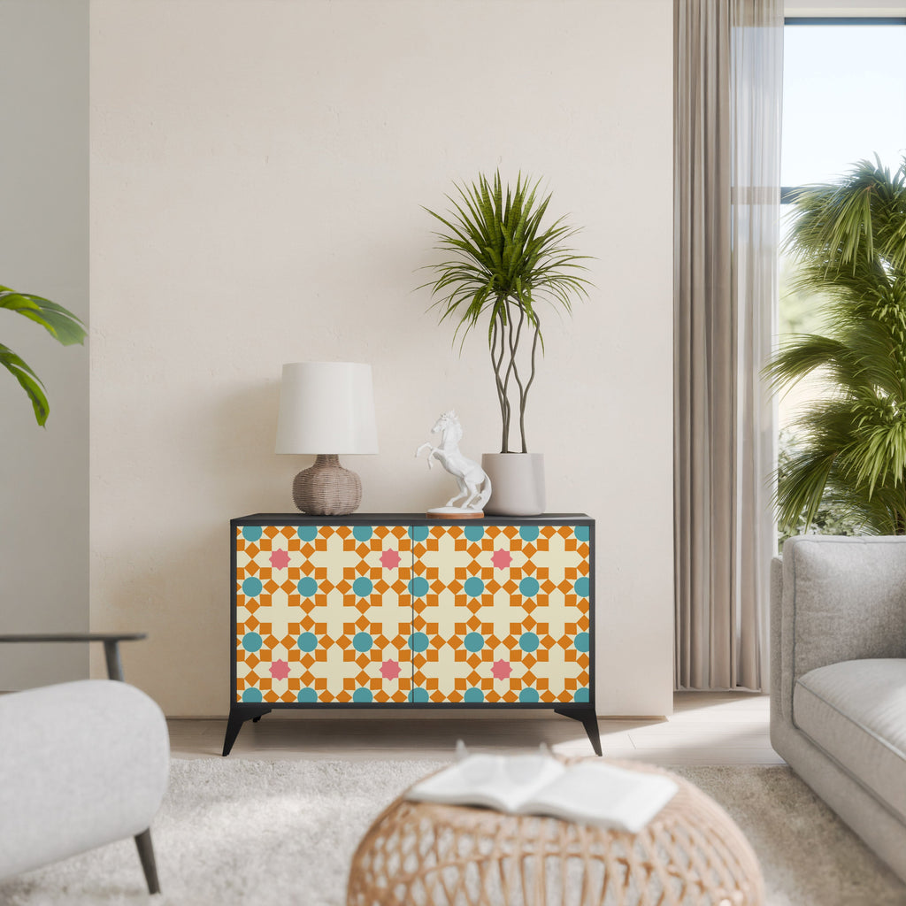 Buffet 2 portes à décor floral, finition noire