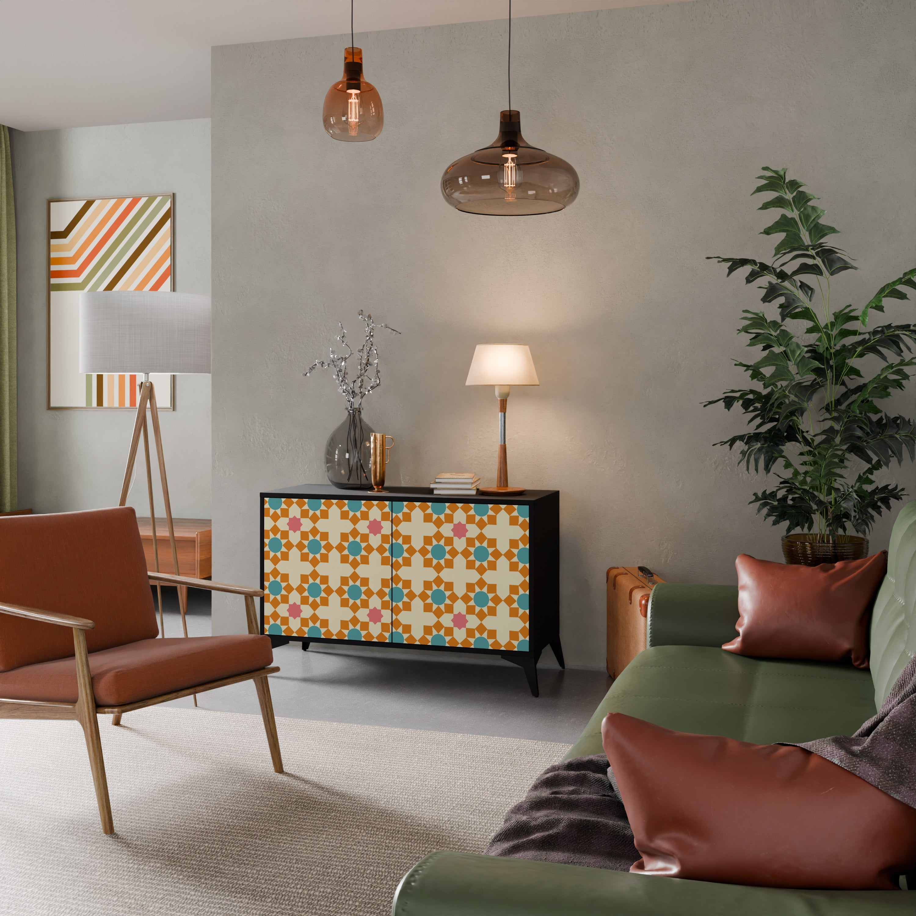 Buffet 2 portes à décor floral, finition noire