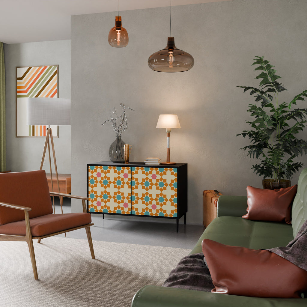 Buffet 2 portes à décor floral, finition noire